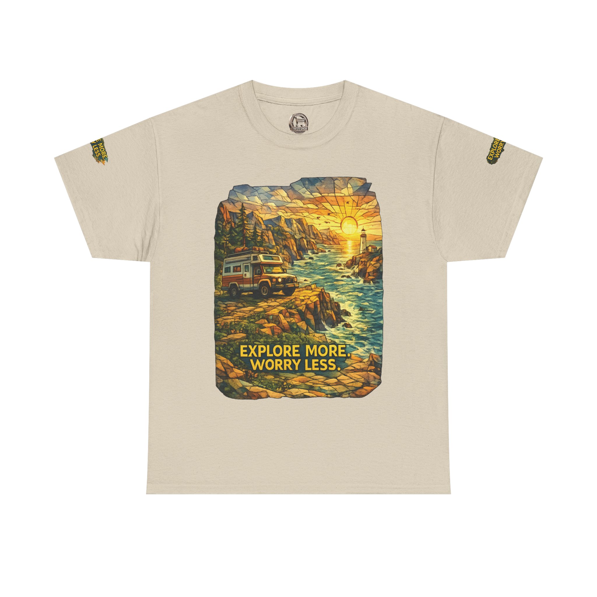 Unisex Heavy Cotton Tee — "Explore More Worry Less" Design Cubic-Line