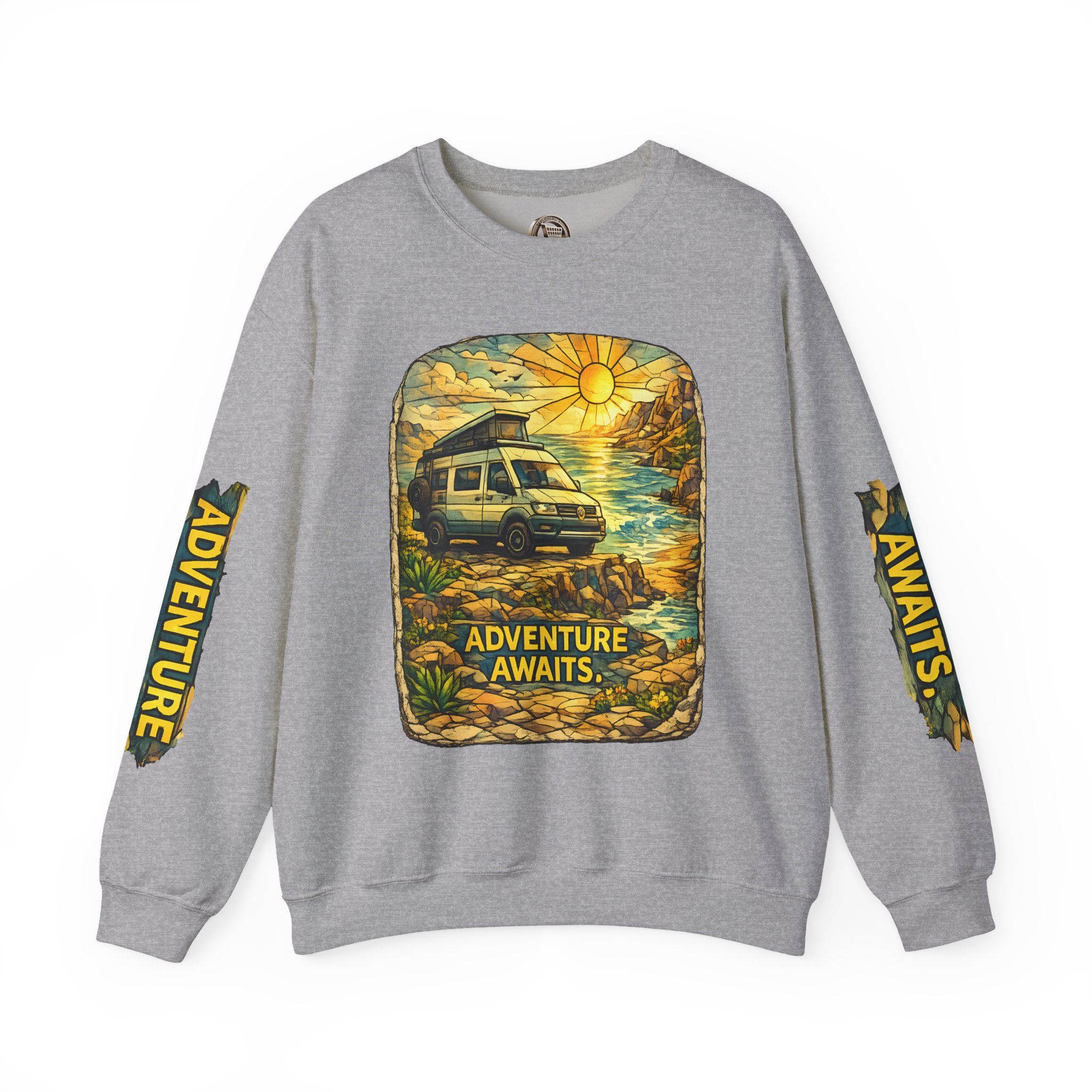Unisex Heavy Blend™ Crewneck Sweatshirt — "Adventure Awaits" Design Cubic-Line