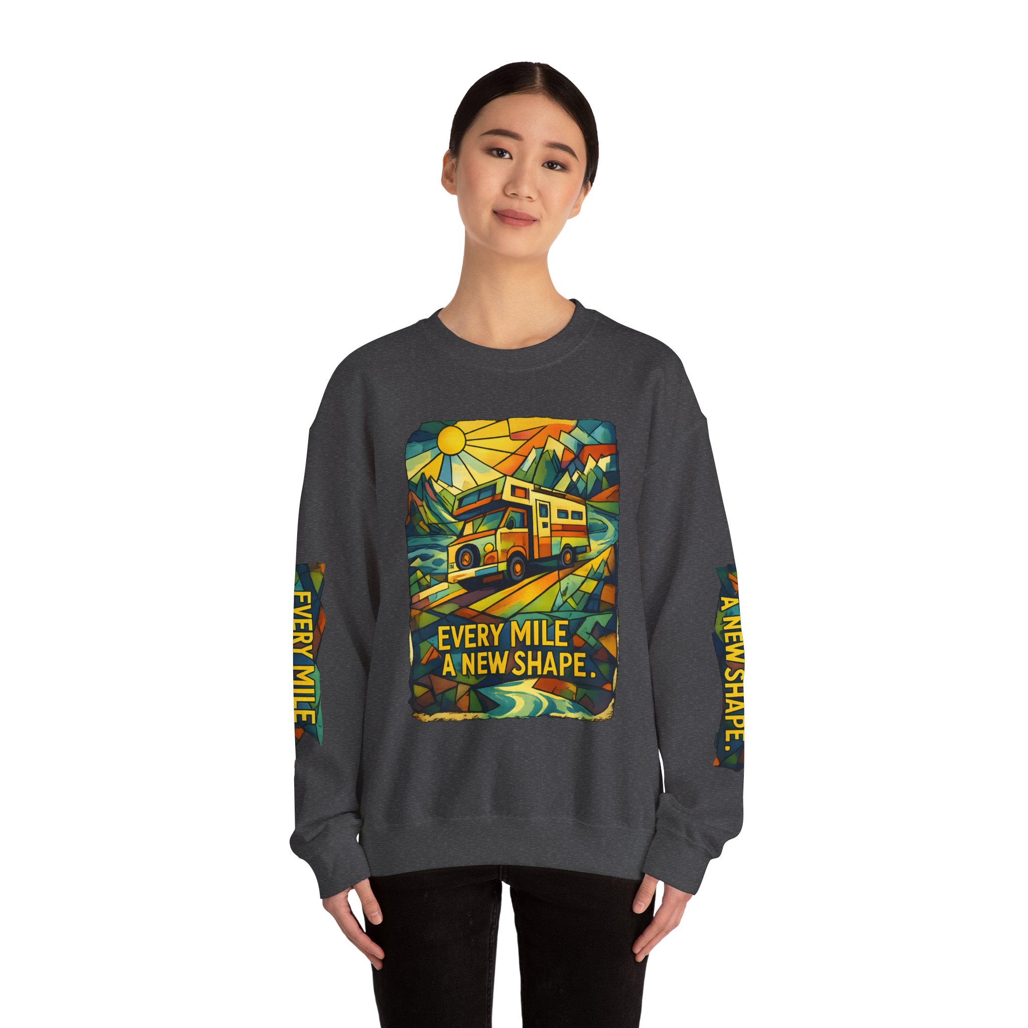 Unisex Heavy Blend™ Crewneck Sweatshirt — "Every Mile A New Shape" Design Cubic-Line
