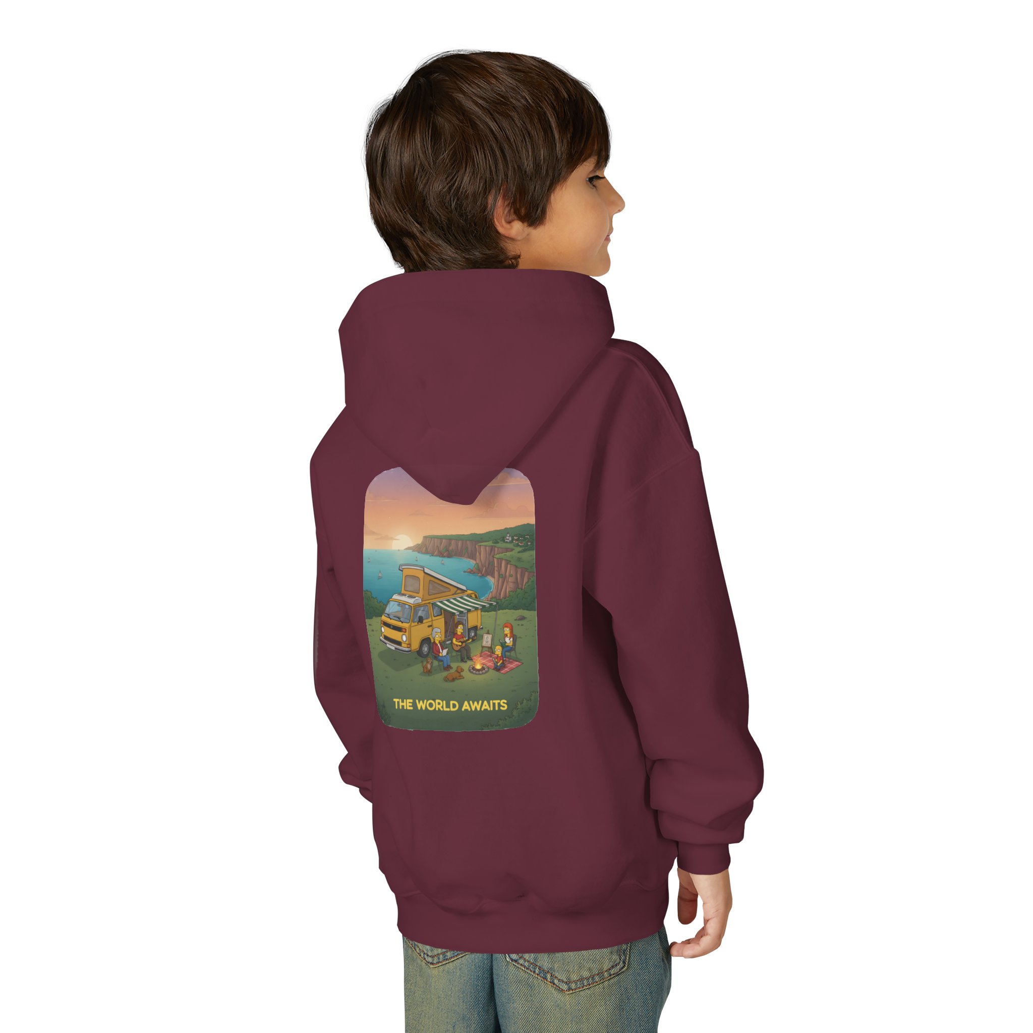 2045078339124850760_2048.jpeg Youth Hoodie(Gildan) – "The World Awaits" (Design Sitcom-Line)
