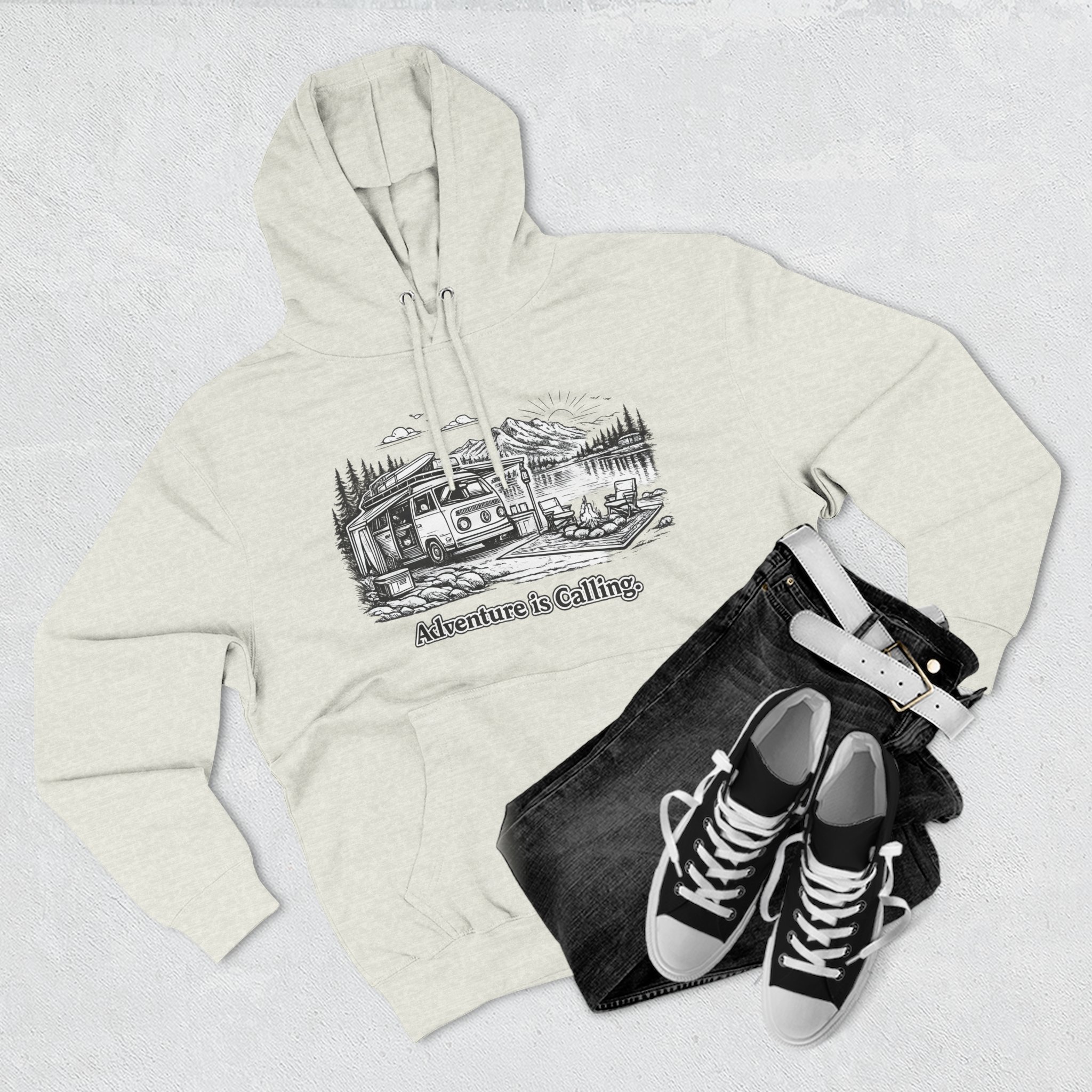 Three-Panel Fleece Hoodie - "Adventure Is Calling" Design Minimal-Line