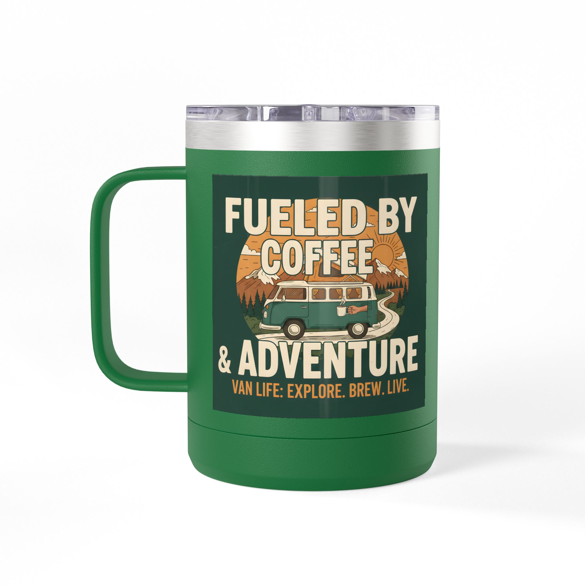 Coffee Mug Tumbler, 15oz — "Fueled by Coffee & Adventure"