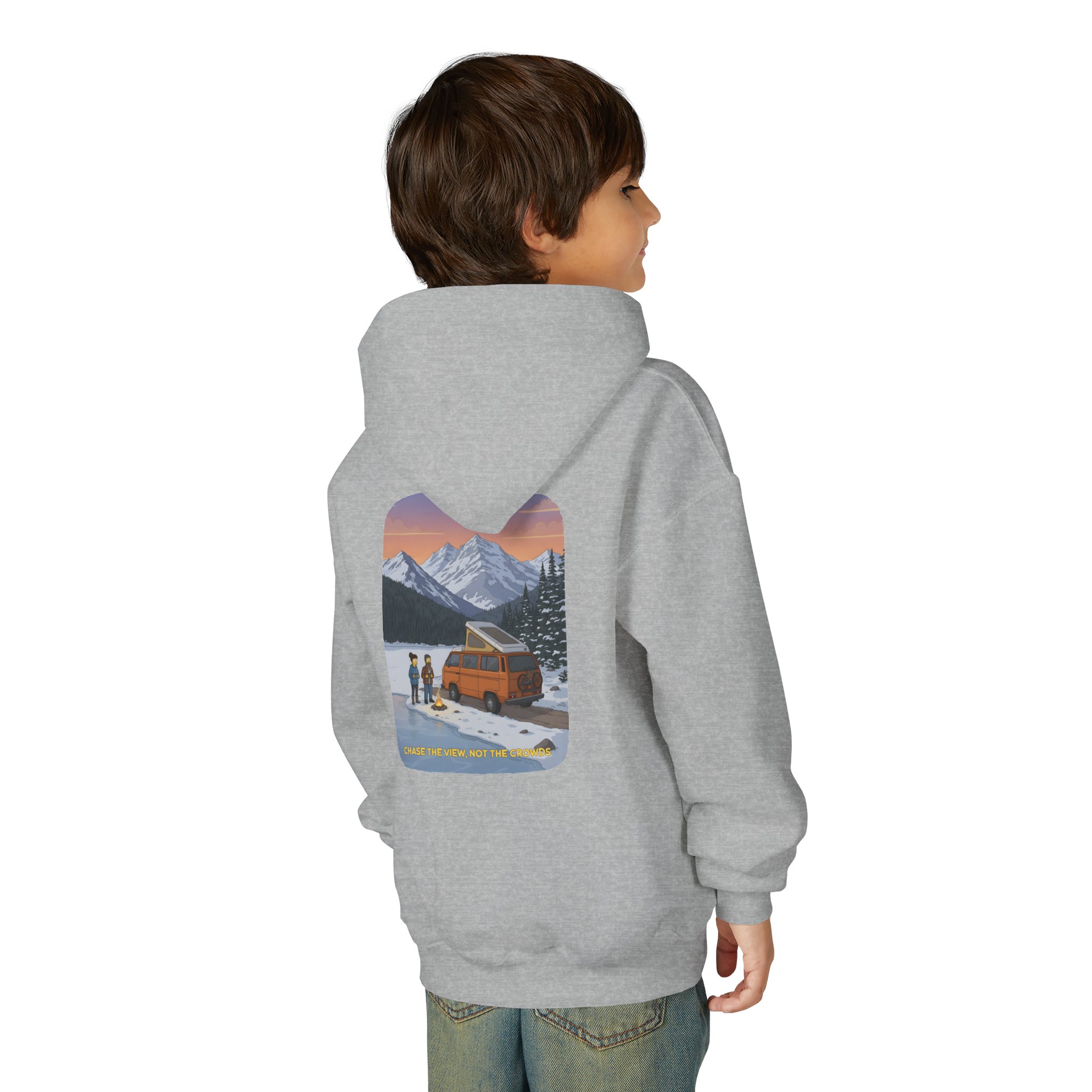 Youth Hoodie(Gildan) – "Chase The Views-Not The Crowds" (Design Sitcom-Line)