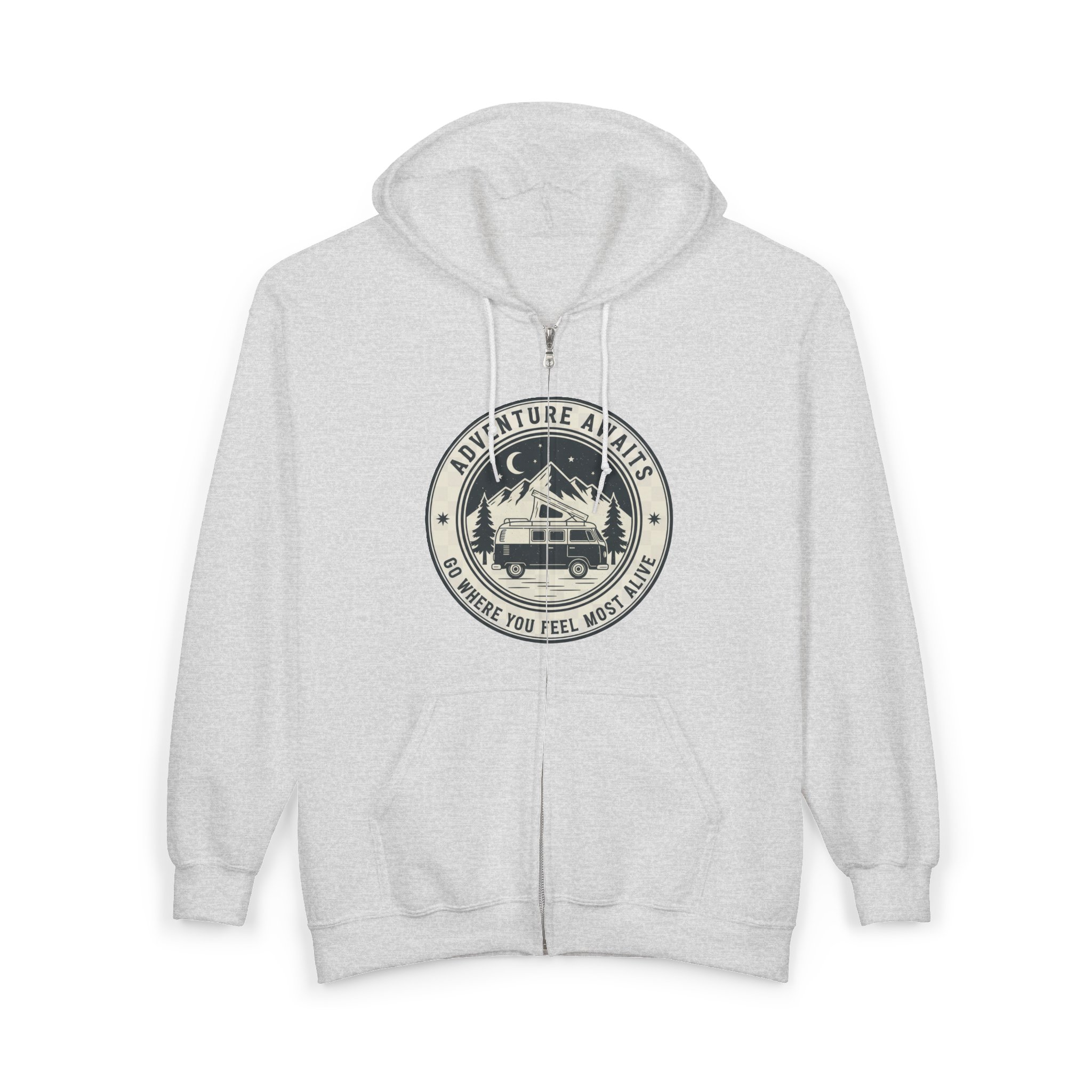 Zip Hoodie — "Adventure Awaits-Go Where You Feel Most Alive" (Front + Back Printed) Camper Van Adventure Zip-Up