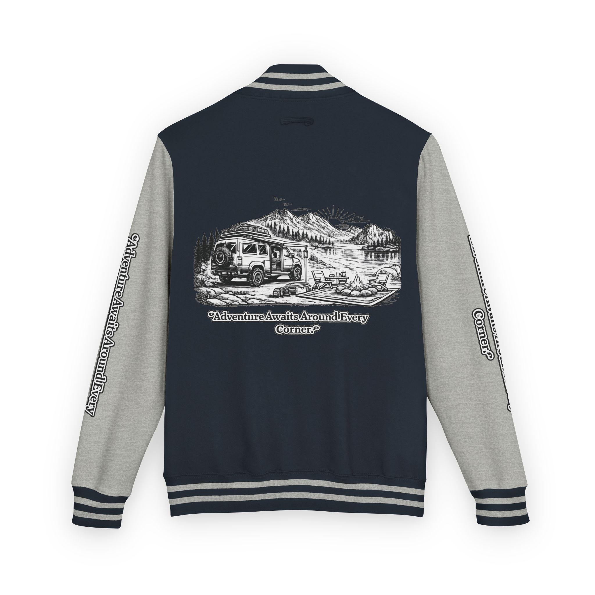 Unisex Heavyweight Letterman Jacket — "Adventure Awaits Around Every Corner" Travel Varsity Coat