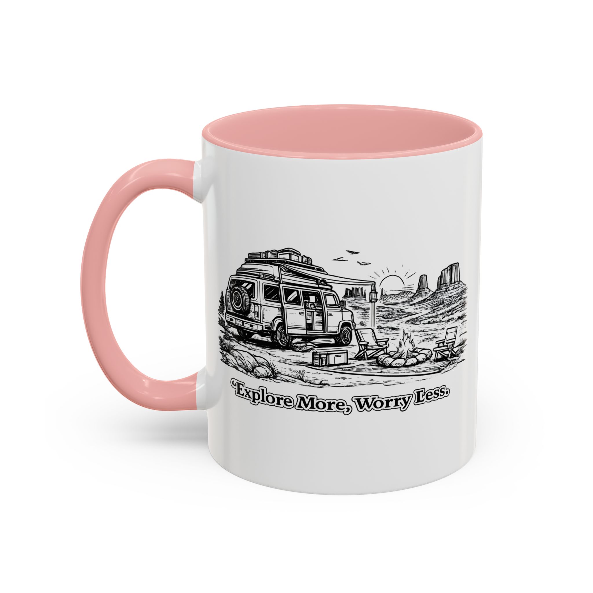 Accent Coffee Mug (11, 15oz) — "Explore More Worry Less" Design Minimal-Line
