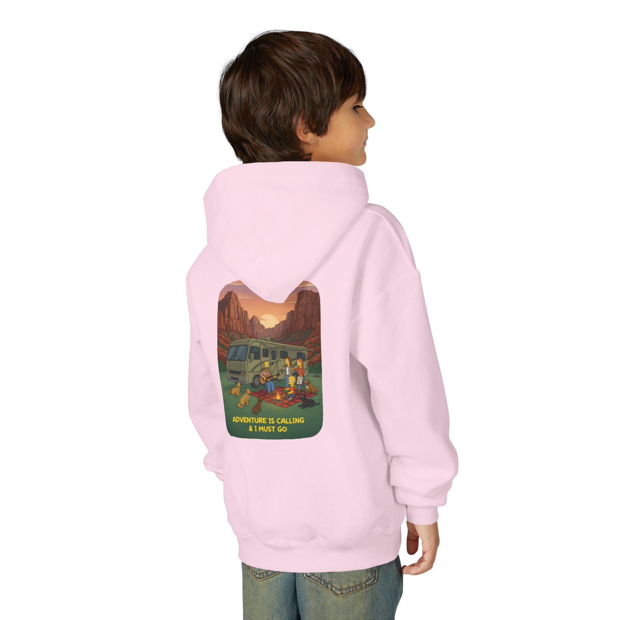 Youth Hoodie(Gildan) – "Adventure Is Calling-I Must Go" (Design Sitcom-Line)
