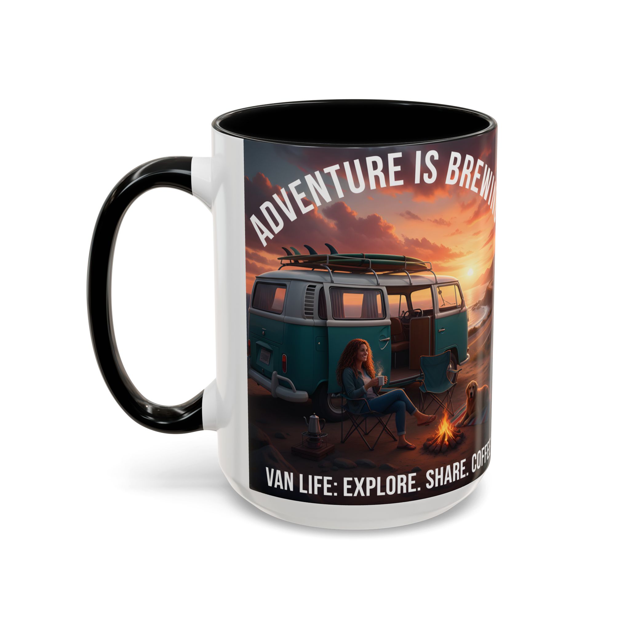 Accent Coffee Mug (11, 15oz) — "Adventure is brewing"