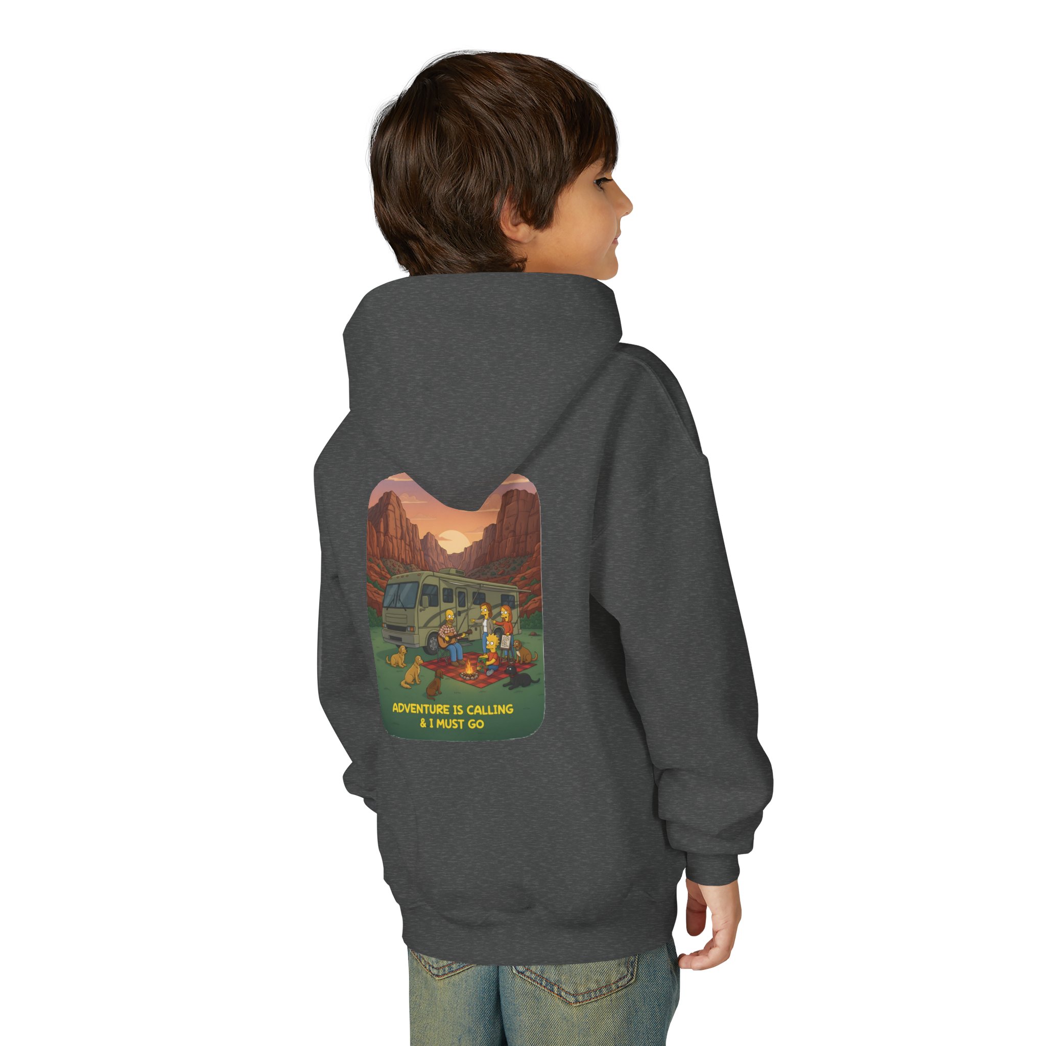 Youth Hoodie(Gildan) – "Adventure Is Calling-I Must Go" (Design Sitcom-Line)