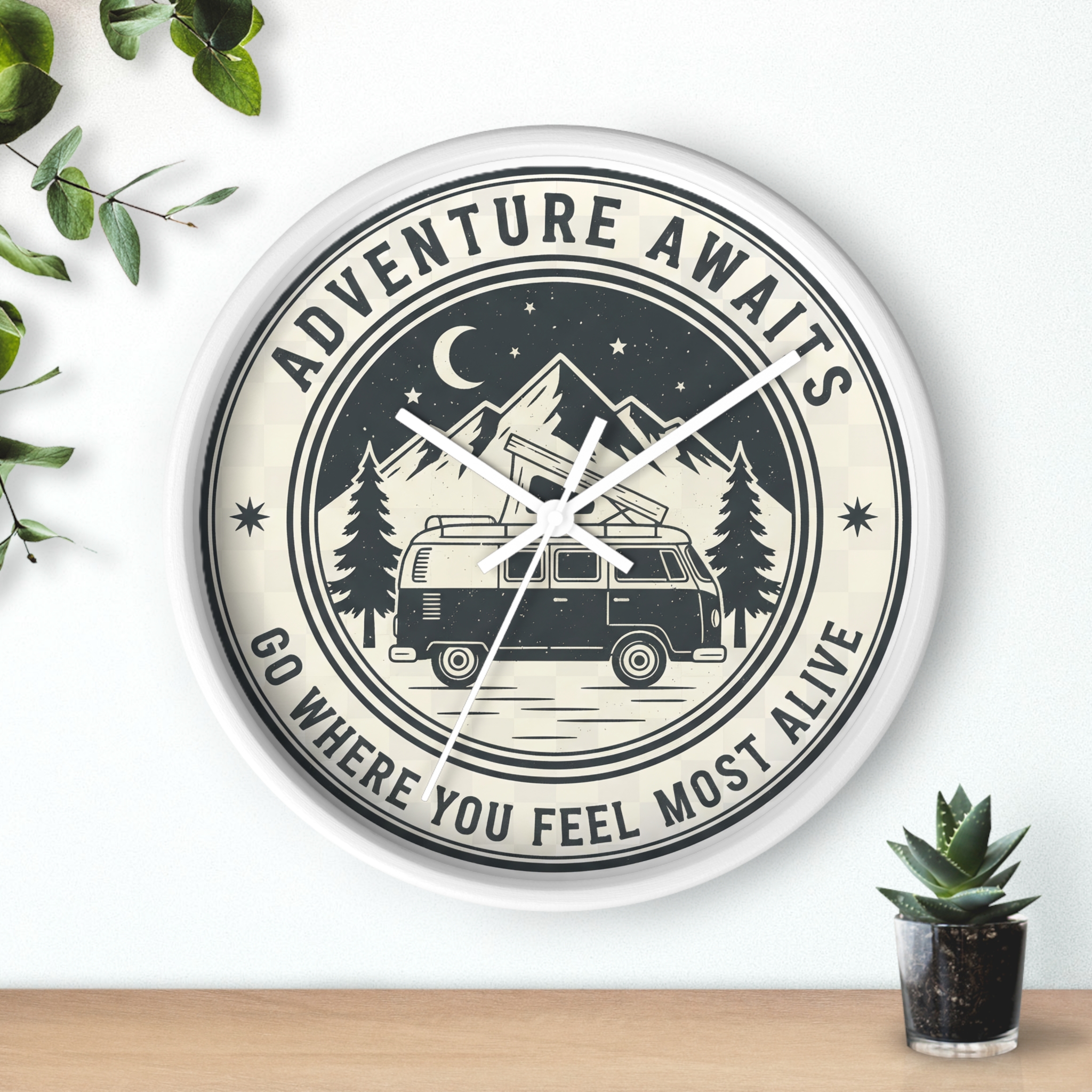 Wall Clock — "Adventure Awaits-Go Where You Feel Most Alive" Camper Van Mountain Travel Timepiece