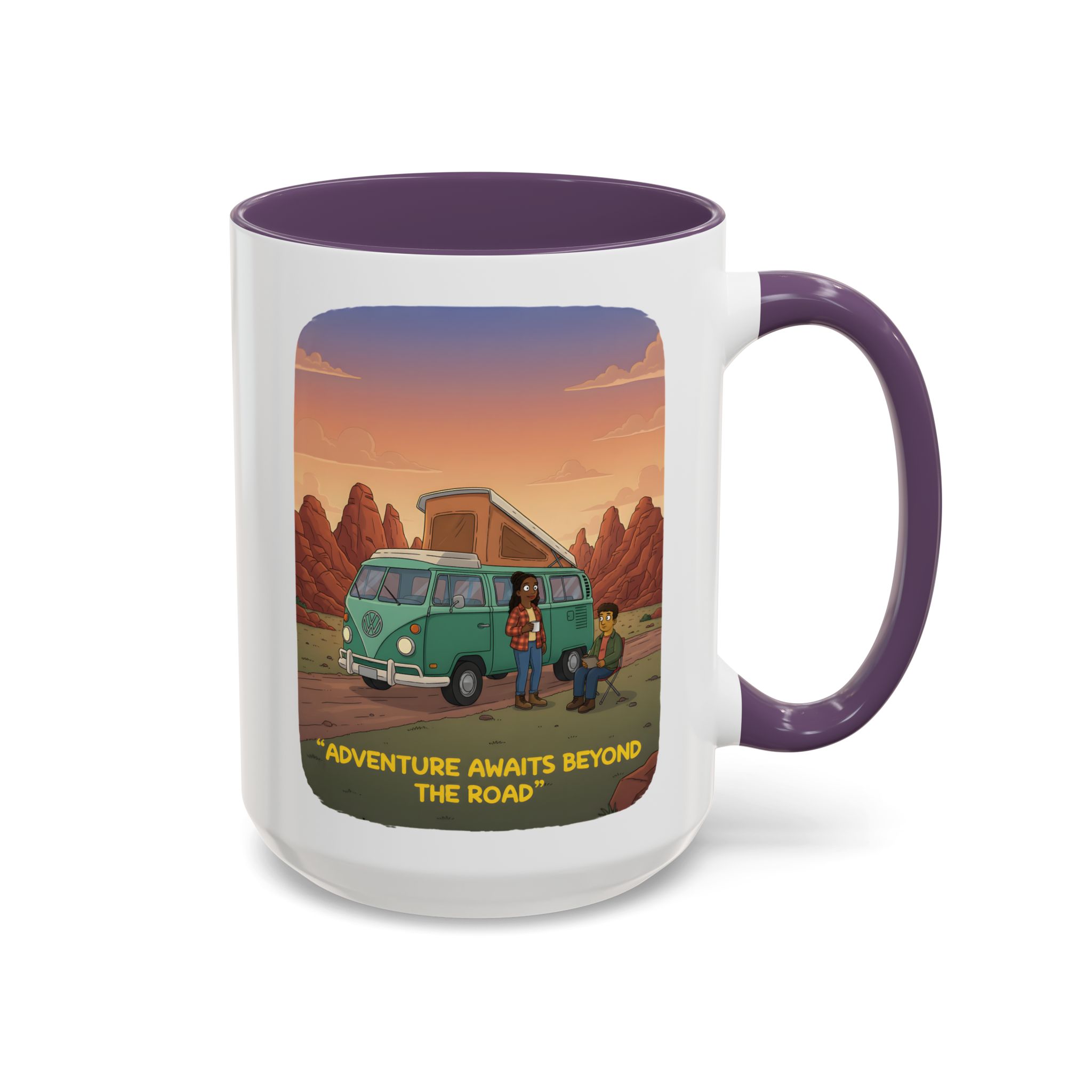 Accent Coffee Mug (11, 15oz) — "Adventure Awaits Beyond The Road" Design Sitcom-Line