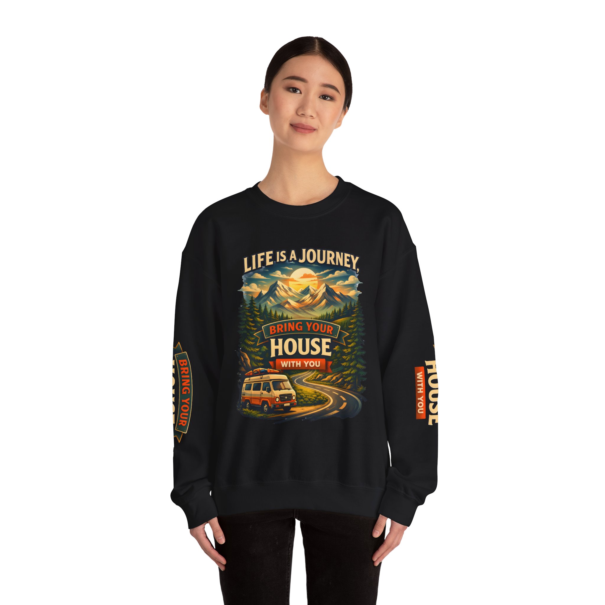 Unisex Heavy Blend™ Crewneck Sweatshirt — "Live Is A Journey-Bring Your House With You" Design Scenic-Line