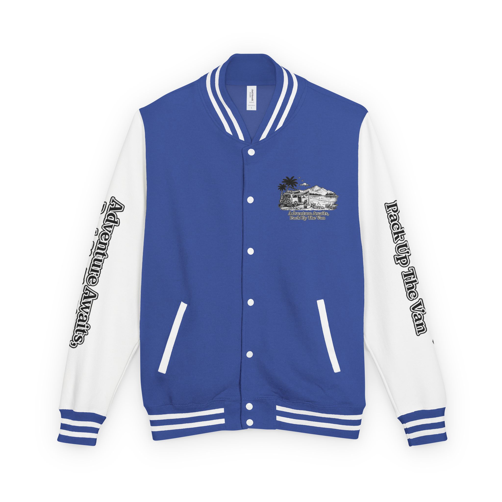 Unisex Heavyweight Letterman Jacket — "Adventure Awaits,Pack Up The Van" Travel Varsity Coat