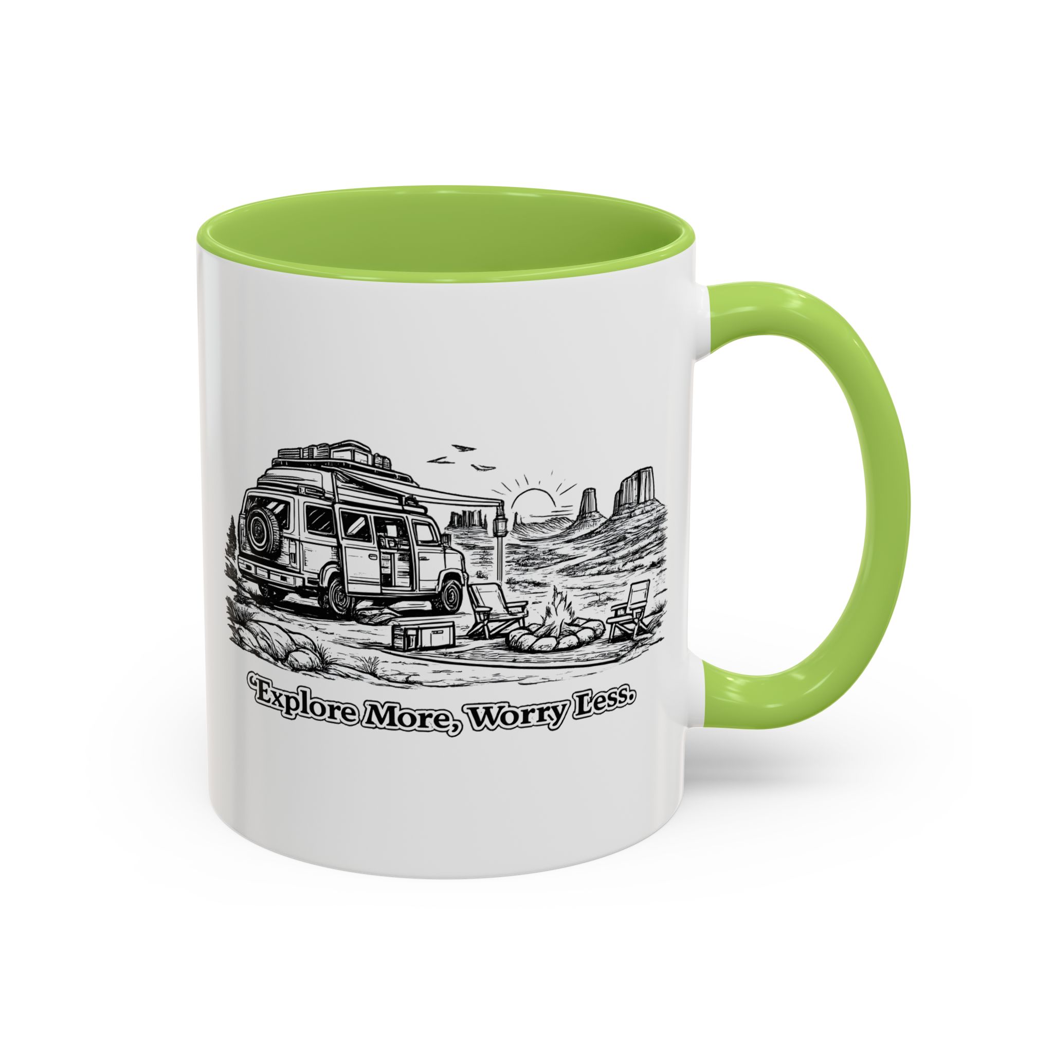 Accent Coffee Mug (11, 15oz) — "Explore More Worry Less" Design Minimal-Line