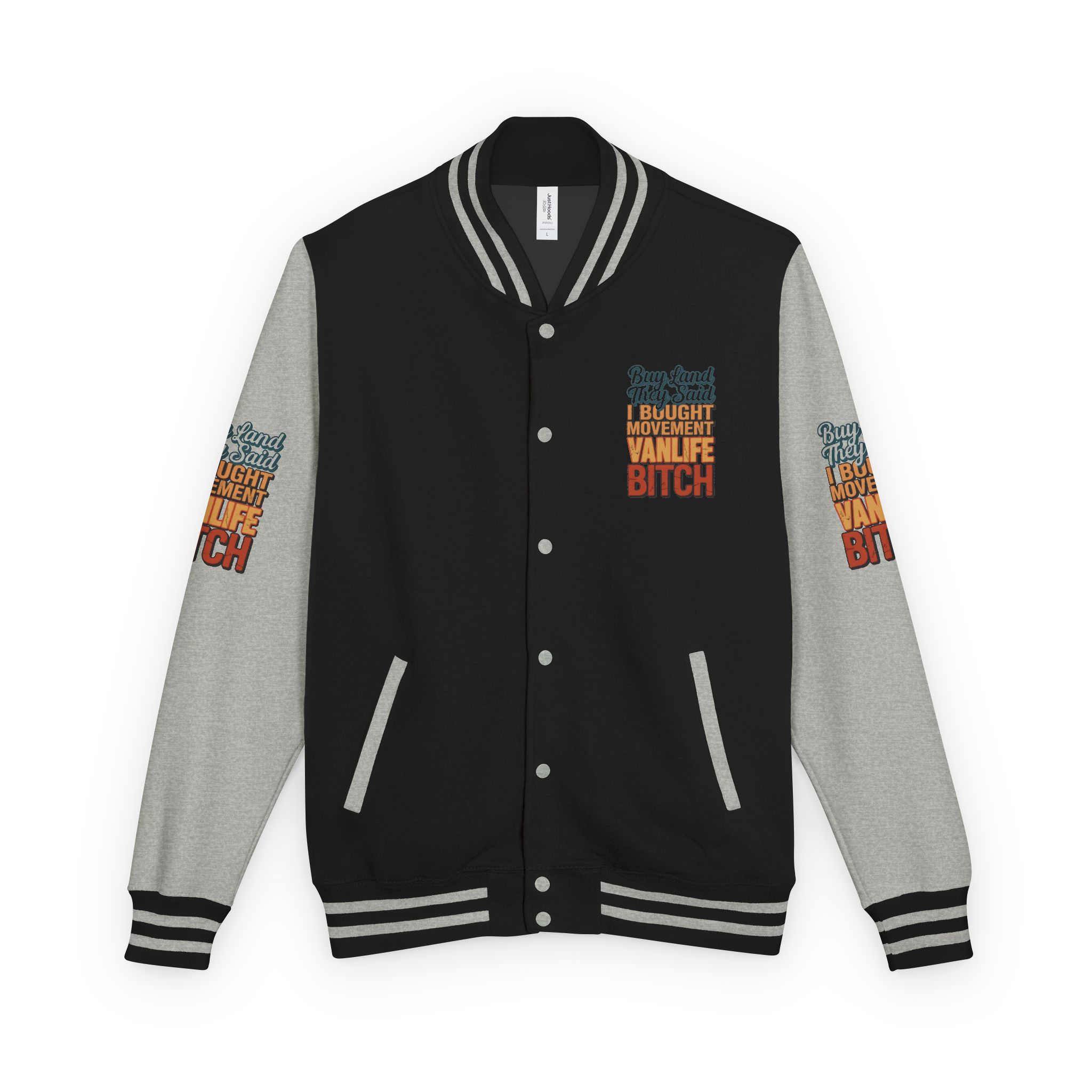 215070968252603035_2048-1.jpeg Unisex Heavyweight Letterman Jacket — "Buy Land They Said" Design F**K-Line