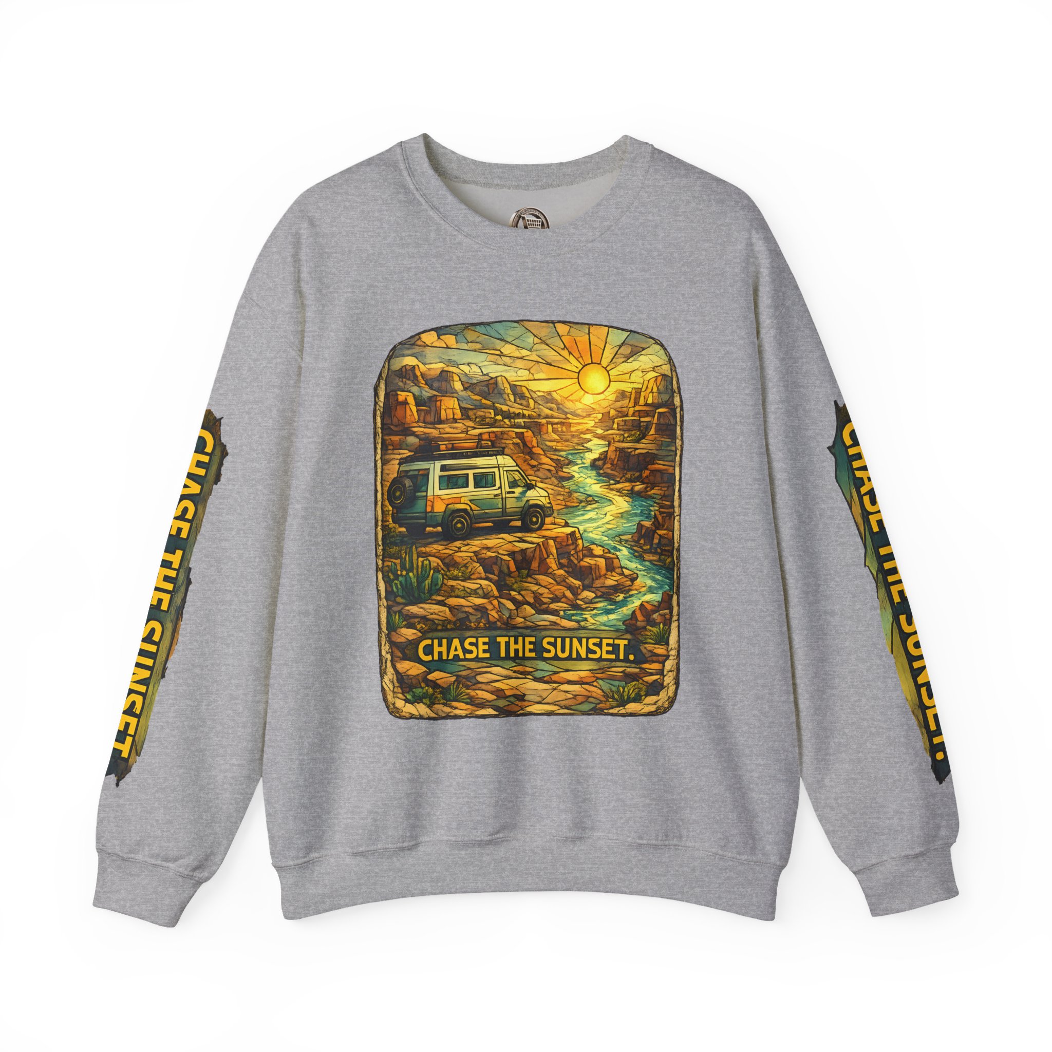 Unisex Heavy Blend™ Crewneck Sweatshirt — "Chase The Sunset" Design Cubic-Line