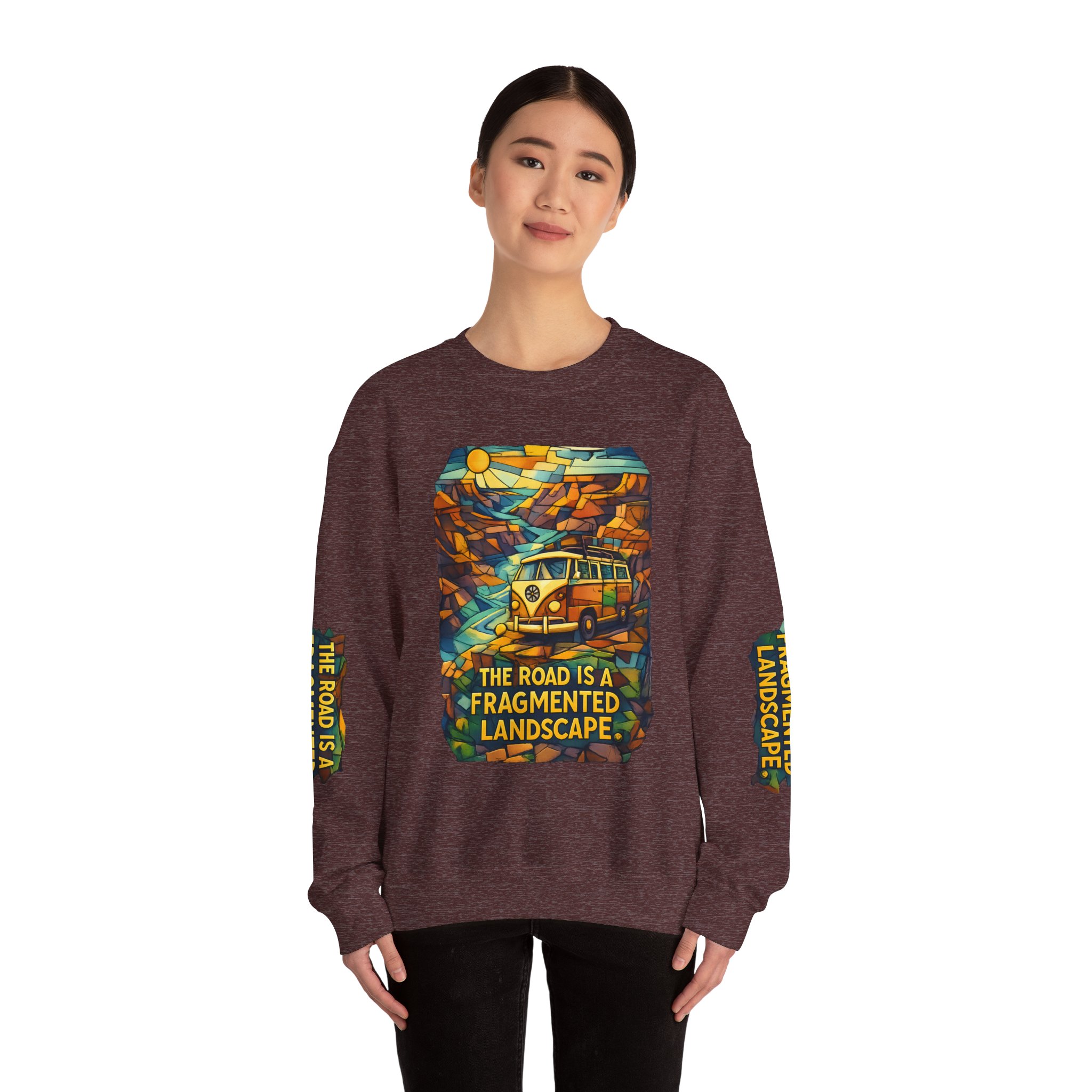 Unisex Heavy Blend™ Crewneck Sweatshirt — "The Road Is A Fragmented Landscape" Design Cubic-Line