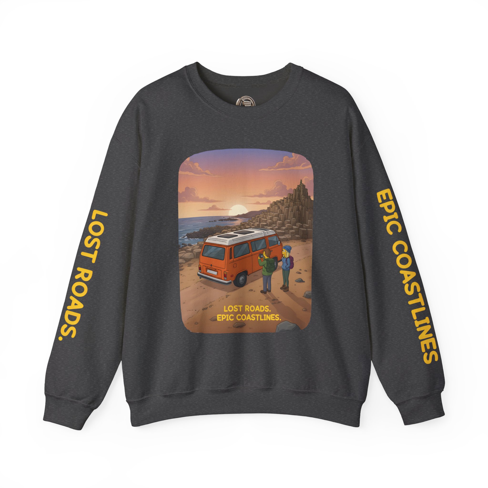 Unisex Heavy Blend™ Crewneck Sweatshirt — "Lost Roads Epic Coastlines" Design Sitcom-Line