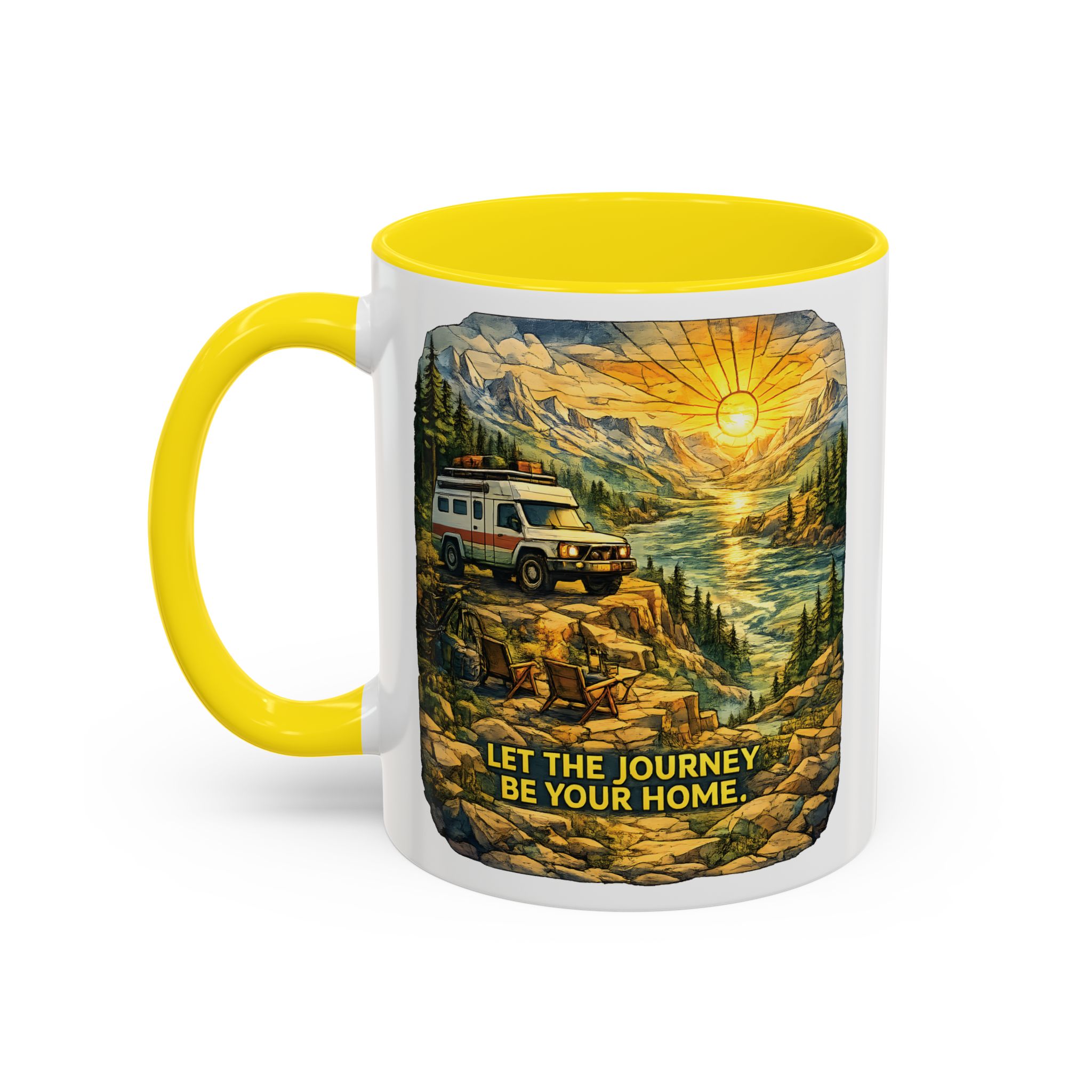 Accent Coffee Mug (11, 15oz) — "Let The Journey Be Your Home" Design Cubic-Line
