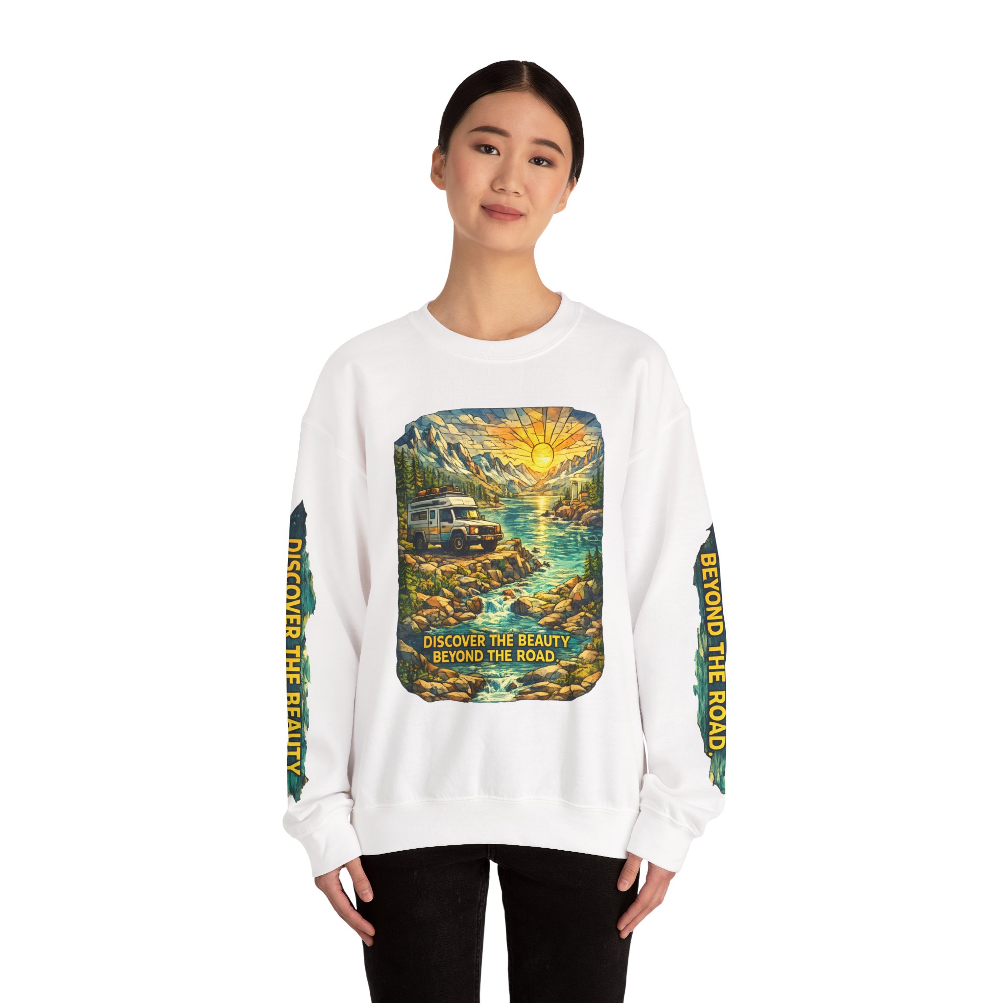 Unisex Heavy Blend™ Crewneck Sweatshirt — "Discover The Bieuty Beyond The Road" Design Cubic-Line