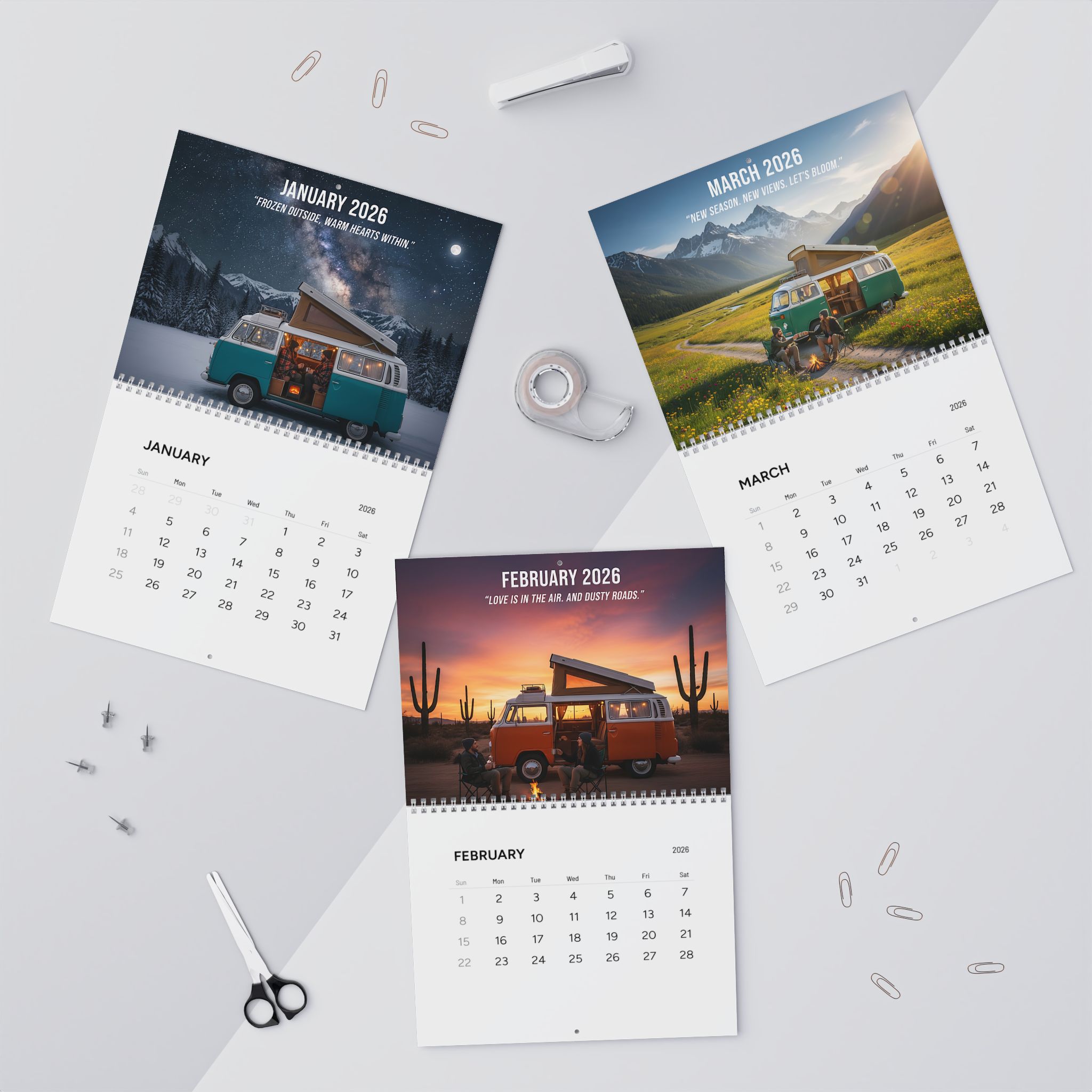 2026 Vintage Camper Wall Calendar — Adventure Van Travel Photography Calendar with Monthly Quotes