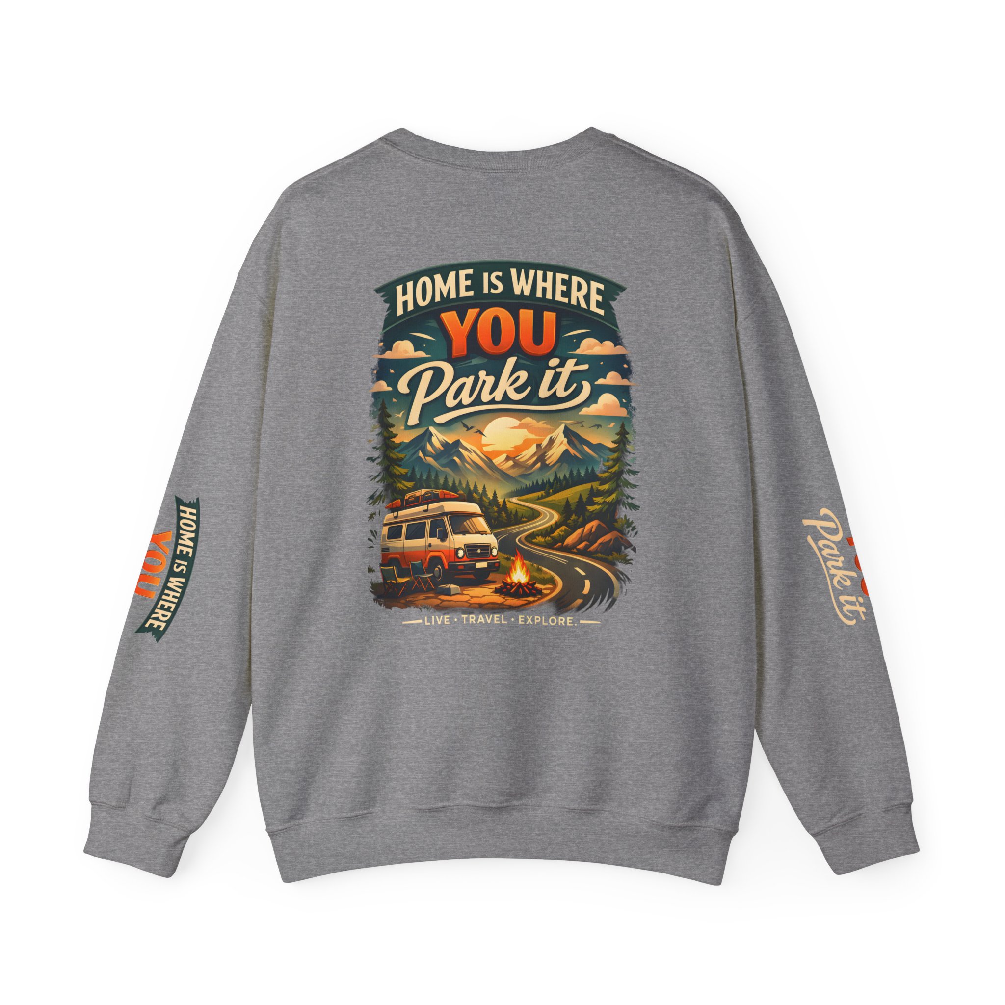 Unisex Heavy Blend™ Crewneck Sweatshirt — "Home Is Where You Park It" Design Scenic-Line
