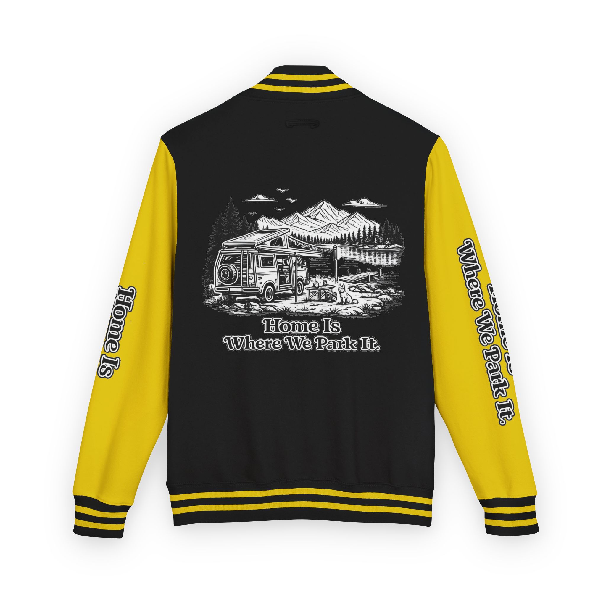 Unisex Heavyweight Letterman Jacket — "Home Is Where You Park It" Travel Varsity Coat