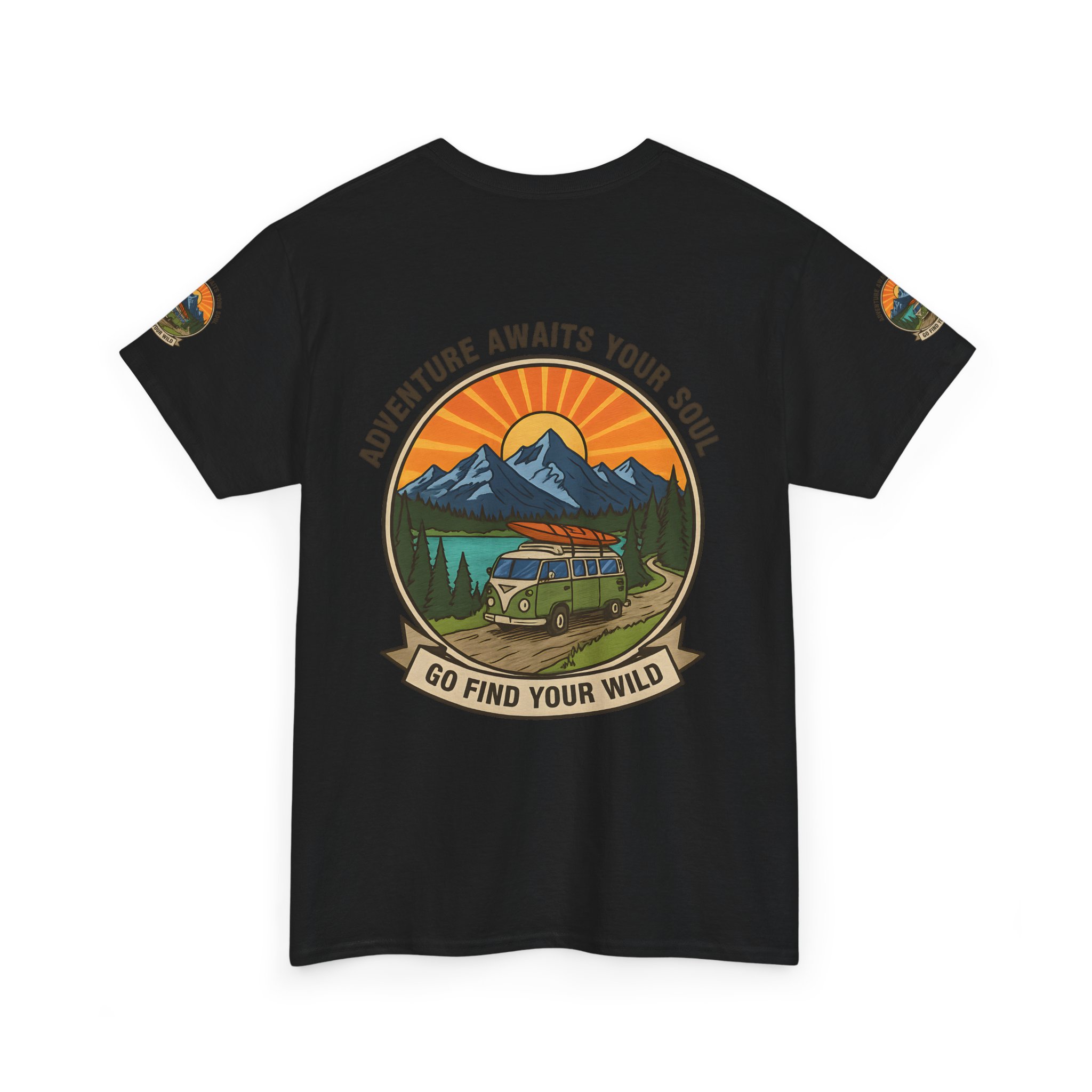 Unisex Heavy Cotton Tee — “Adventure Awaits Your Soul: Go Find Your Wild” Van & Mountain Graphic