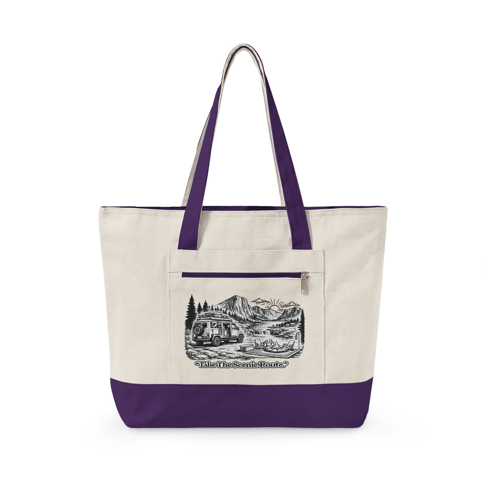 Zippered Canvas Tote — "Take The Scenic Road" (Design Minimal-Line)