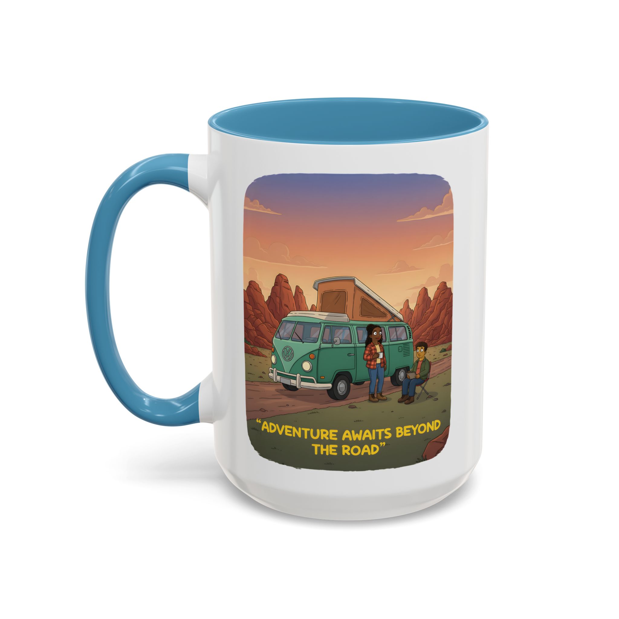Accent Coffee Mug (11, 15oz) — "Adventure Awaits Beyond The Road" Design Sitcom-Line