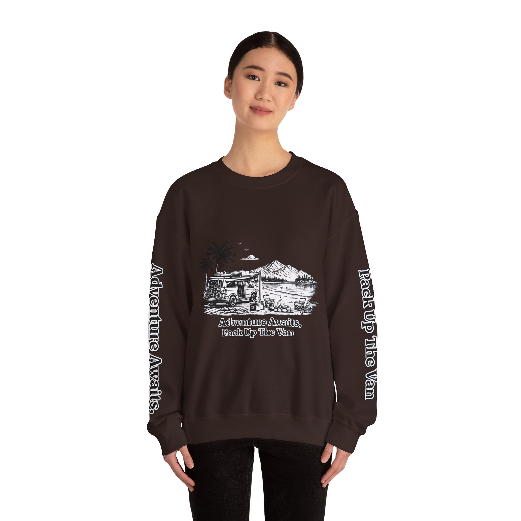 Unisex Heavy Blend™ Crewneck Sweatshirt — "Adventure Awaits,Pack Up The Van" Design Minimal-Line