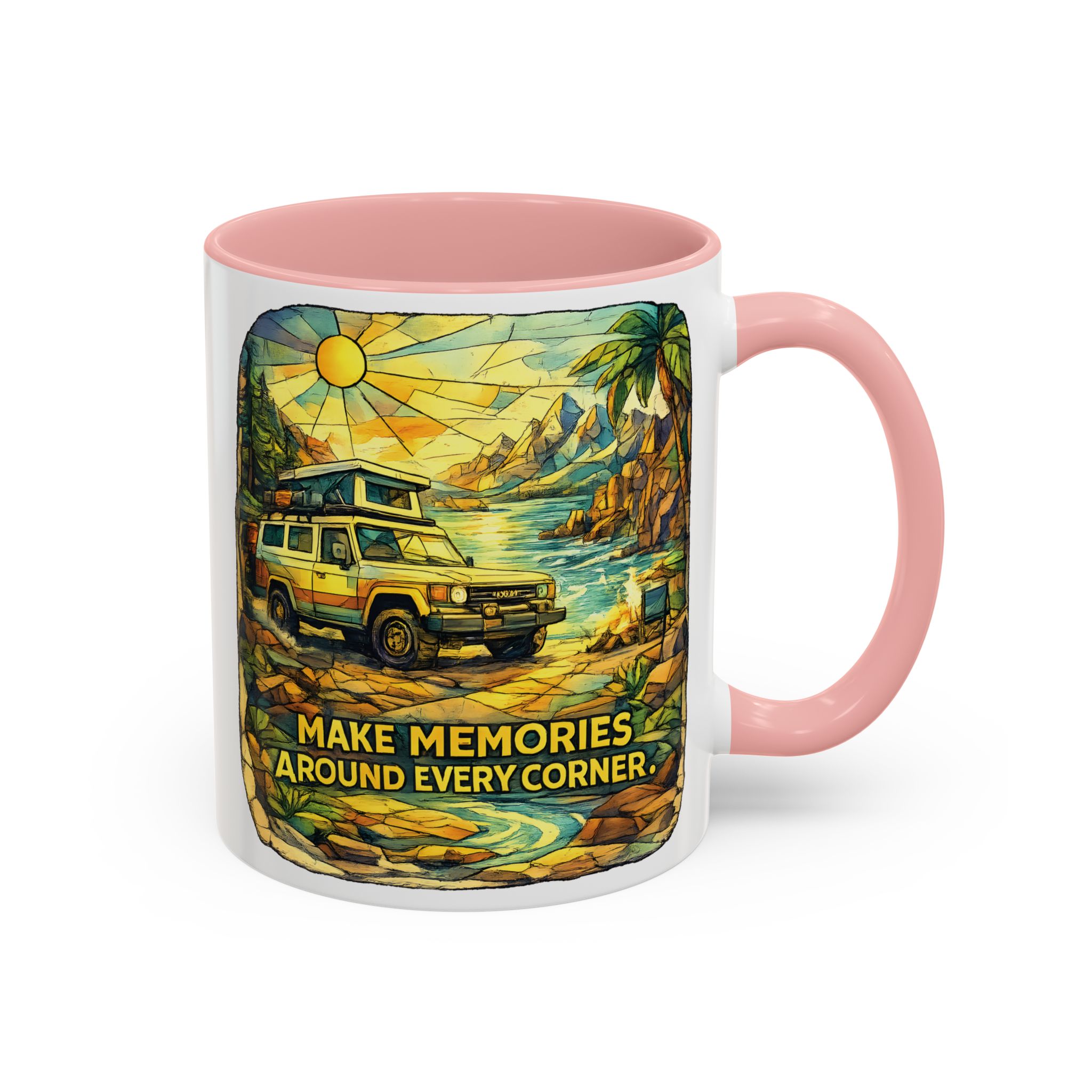 Accent Coffee Mug (11, 15oz) — "Make Memories Around Every Corner" Design Cubic-Line