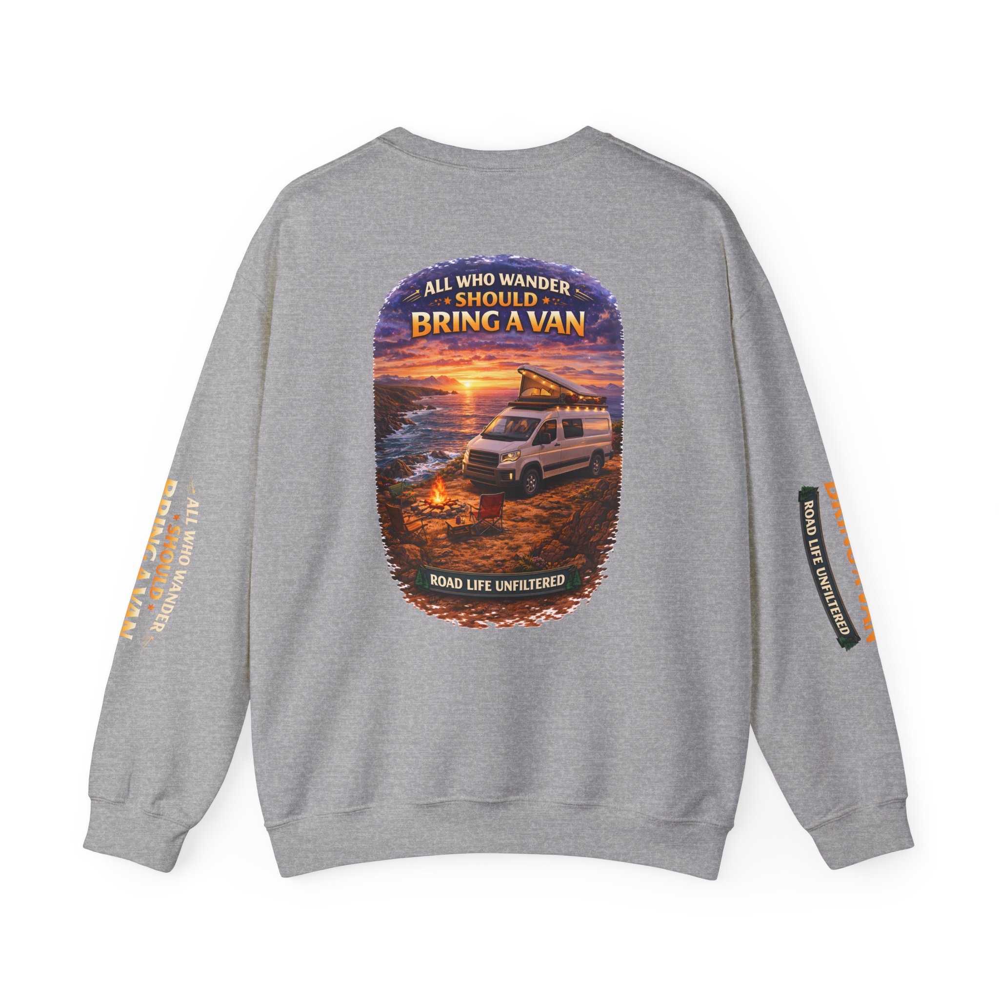 Unisex Heavy Blend™ Crewneck Sweatshirt — "All Who wander Should Bring A Van" Design Scenic-Line