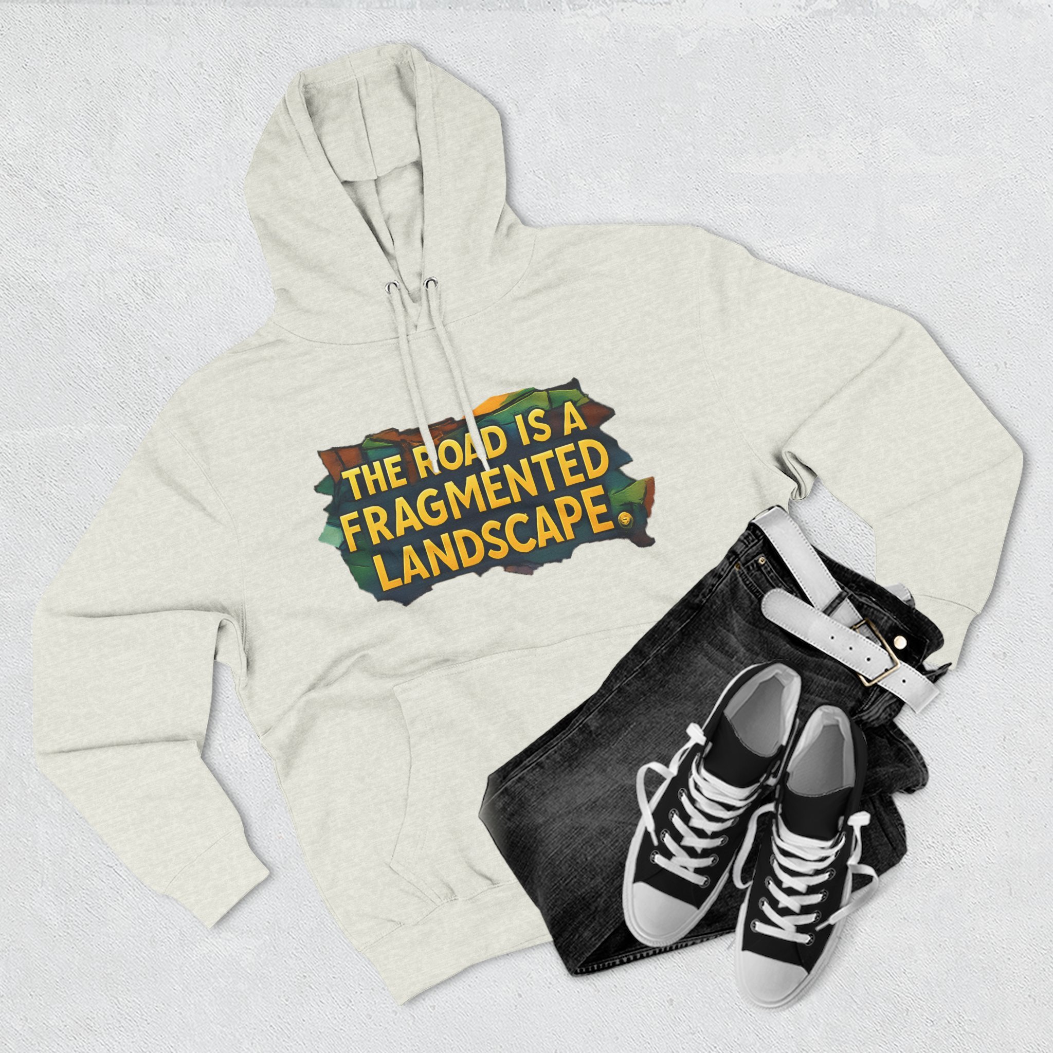 Three-Panel Fleece Hoodie - "The Road Is A Fragmented Landscape" Design Cubic-Line