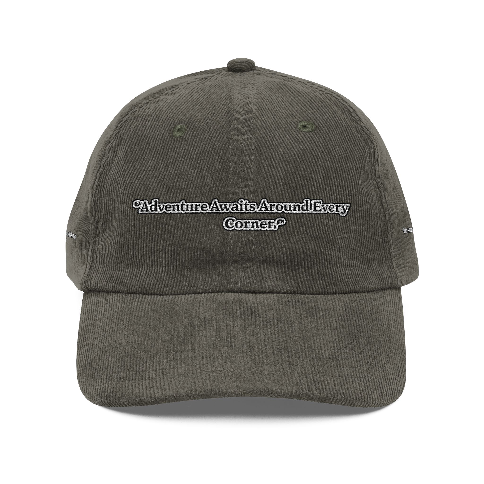 Vintage Corduroy Cap (Embroidery) — "Adventure Awaits Around Every Corner" Embroidered Hat