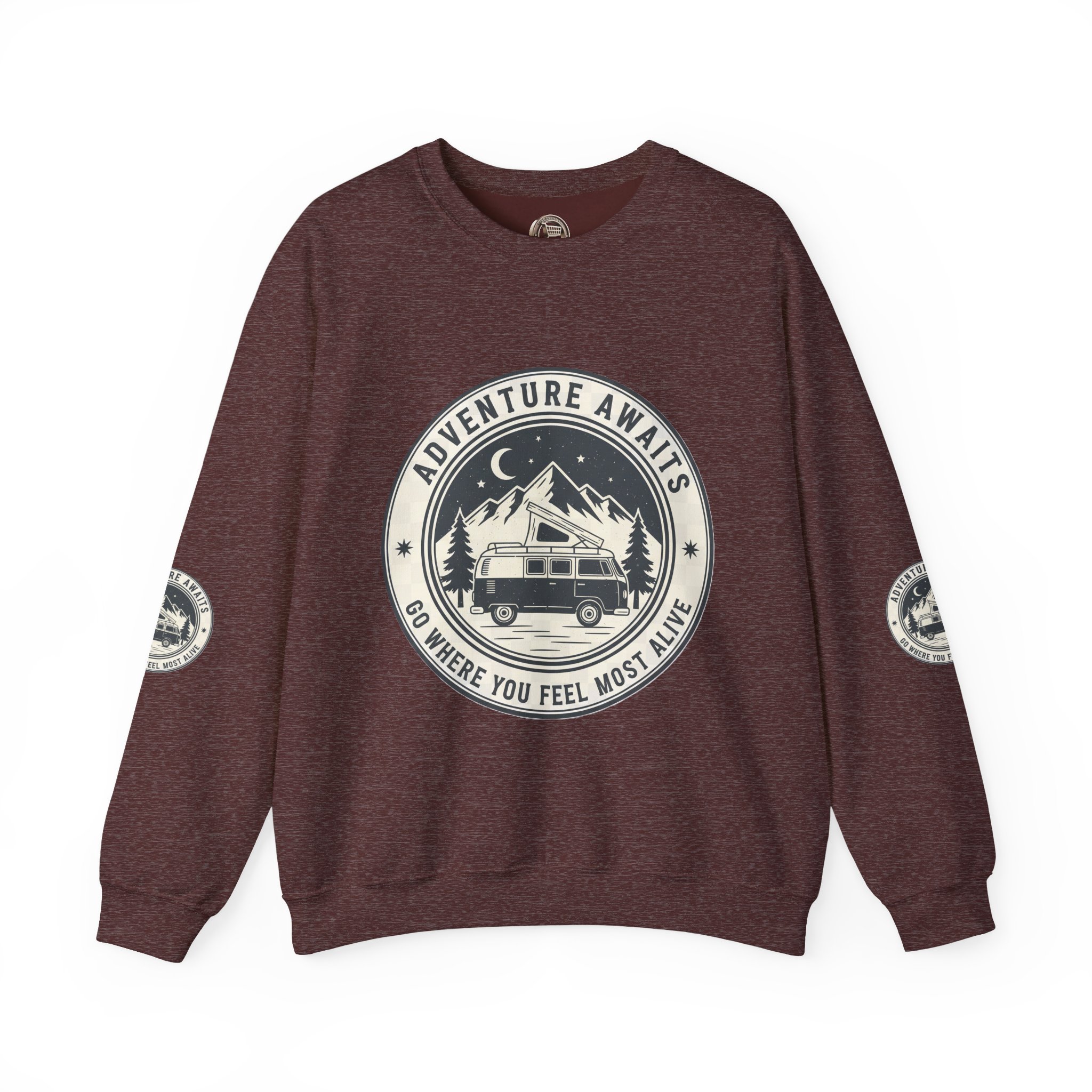 2247475643373721004_2048.jpeg Crewneck Sweatshirt — "Adventure Awaits-Go Where You Feel Most Alive" (Font + Back + Sleaves printed) Vintage Camper Van Outdoor Graphic