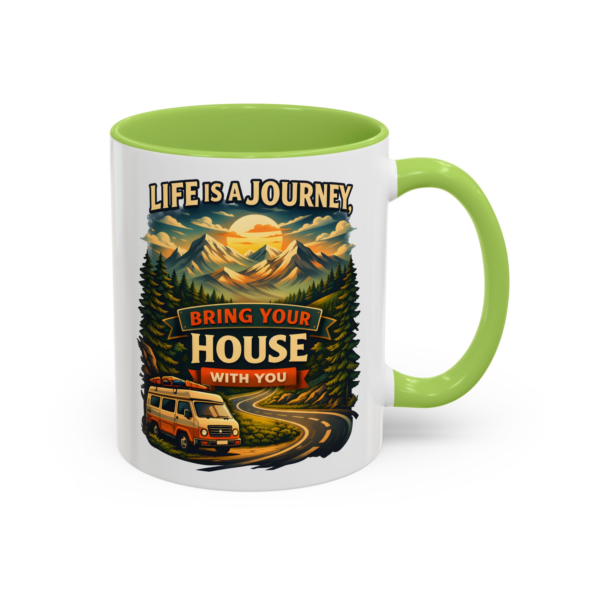 Accent Coffee Mug (11, 15oz) — "Live Is A Journey-Bring Your House With You" Design Scenic-Line