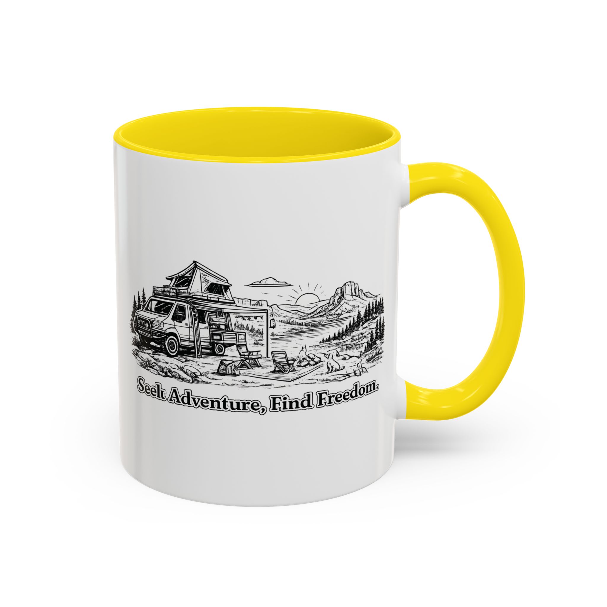 Accent Coffee Mug (11, 15oz) — "Seek Adventure, Find Freedom" Design Minimal-Line