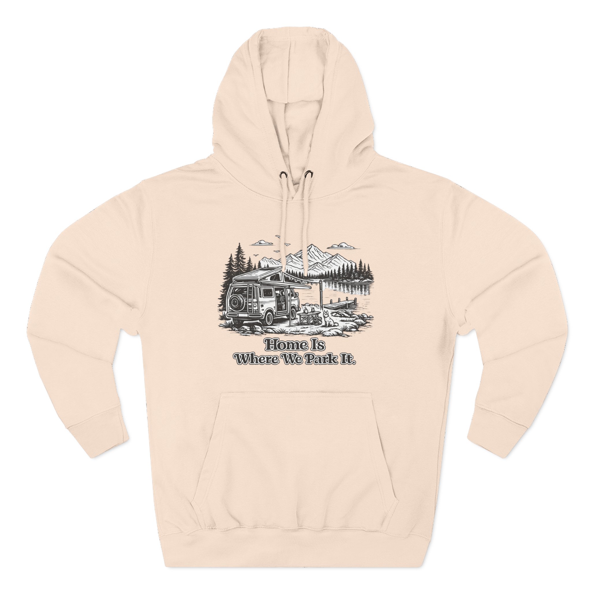 Three-Panel Fleece Hoodie - "Home Is Where You Park It" Design Minimal-Line