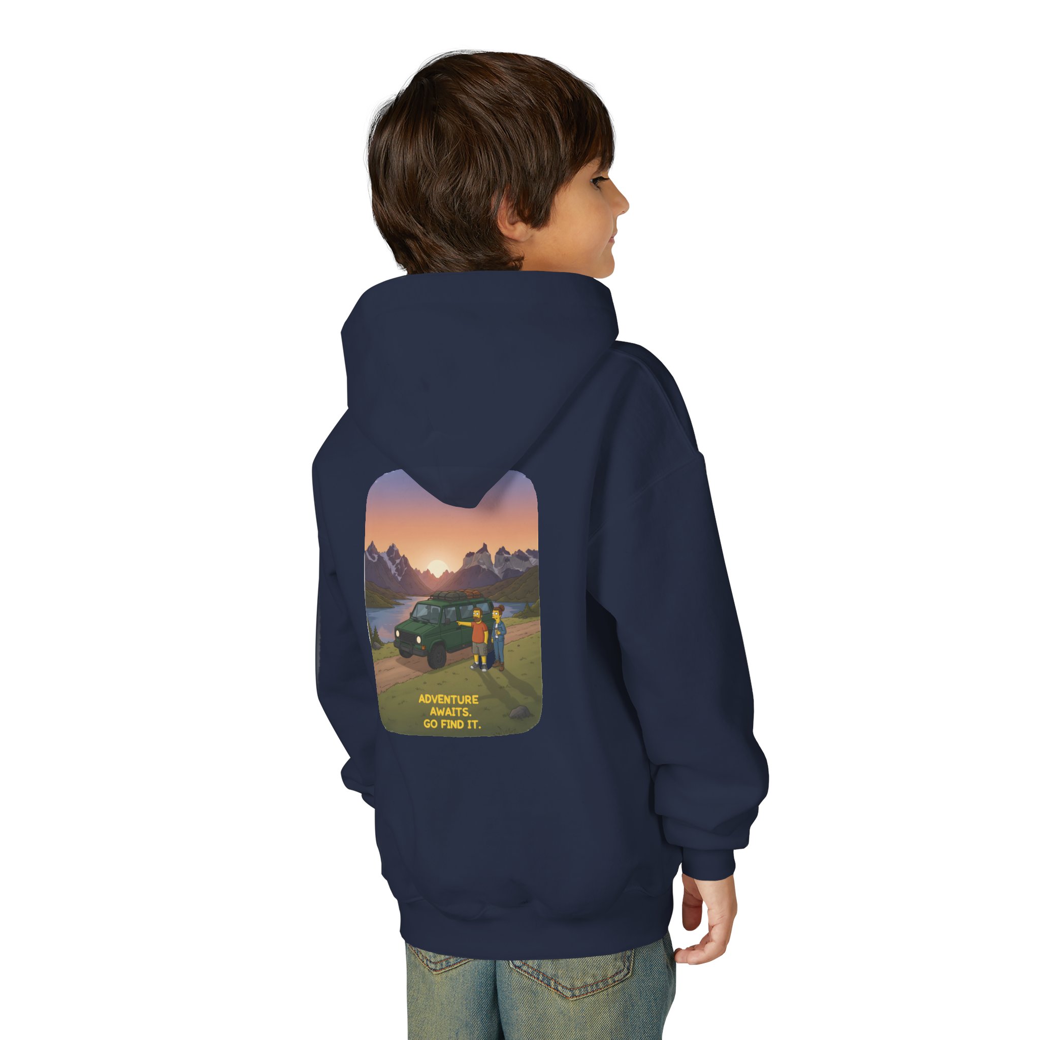 Youth Hoodie(Gildan) – "Adventure Awaits-Go Find It" (Design Sitcom-Line)