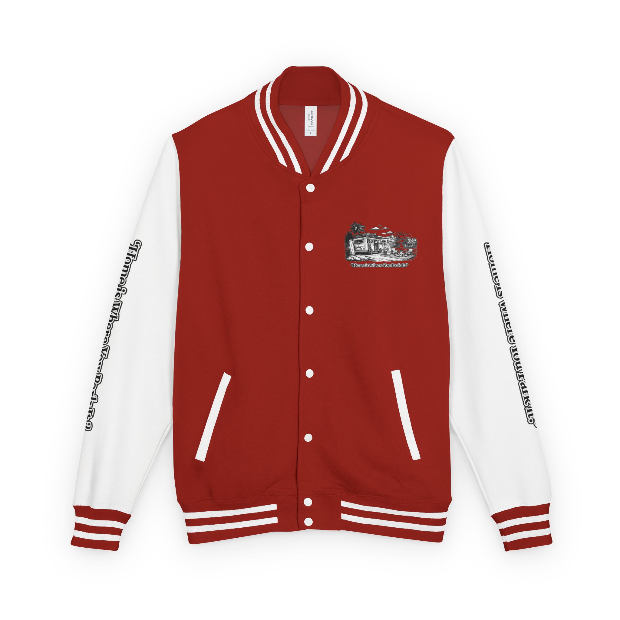 Unisex Heavyweight Letterman Jacket — "Home Is Where You Park It" Travel Varsity Coat