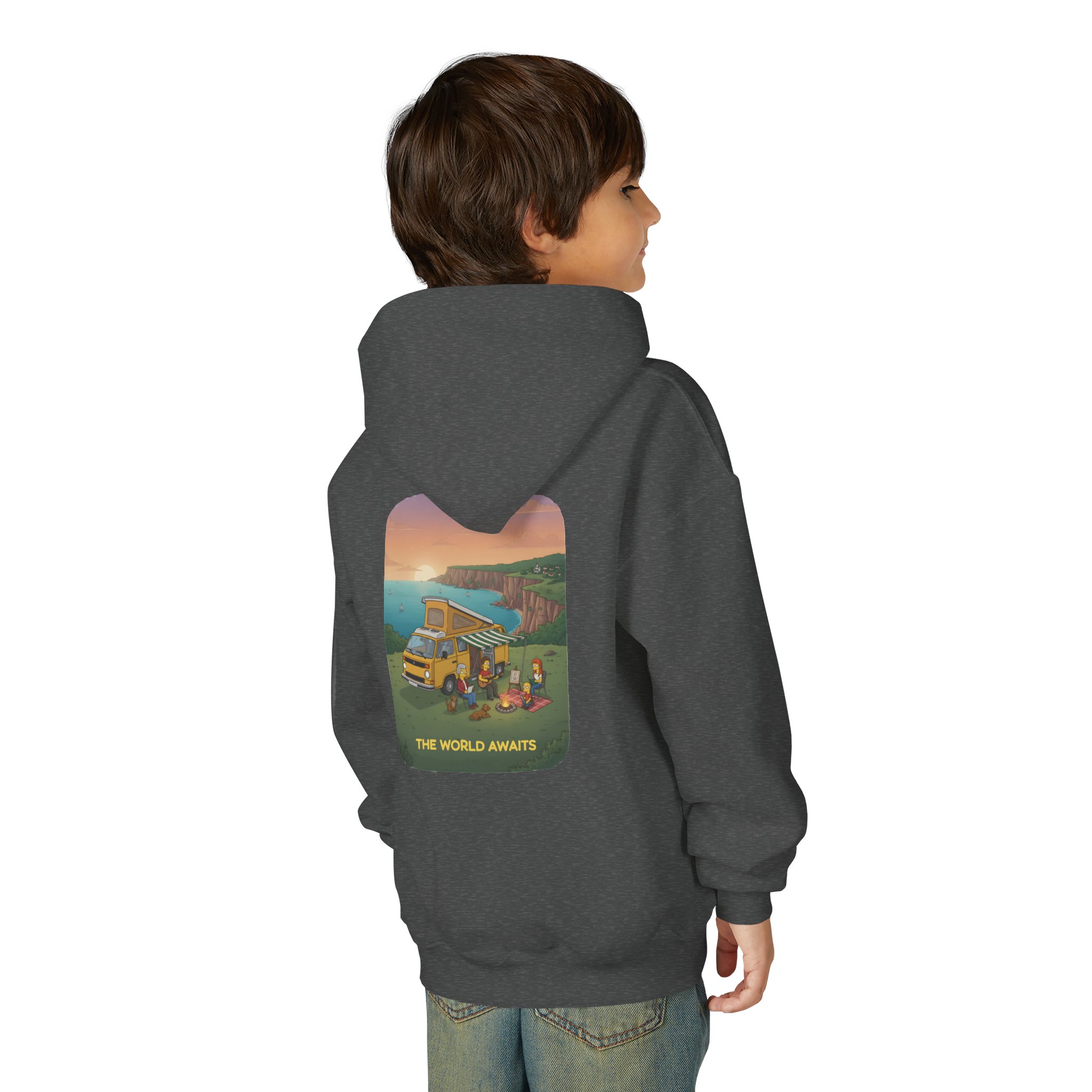 2300530319546068383_2048.jpeg Youth Hoodie(Gildan) – "The World Awaits" (Design Sitcom-Line)