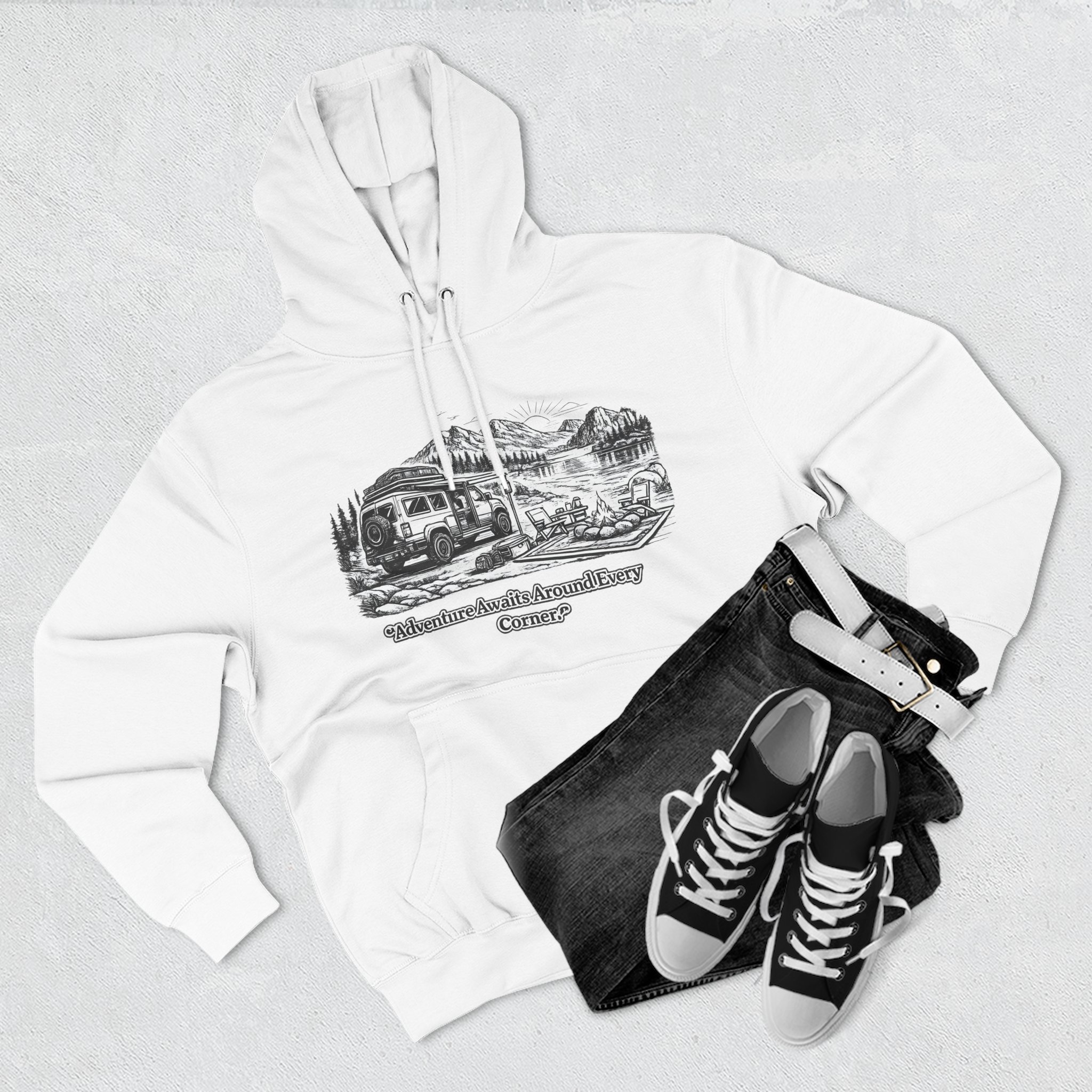 2310930117850671284_2048.jpeg Three-Panel Fleece Hoodie - "Adventure Awaits Around Every Corner" Design Minimal-Line