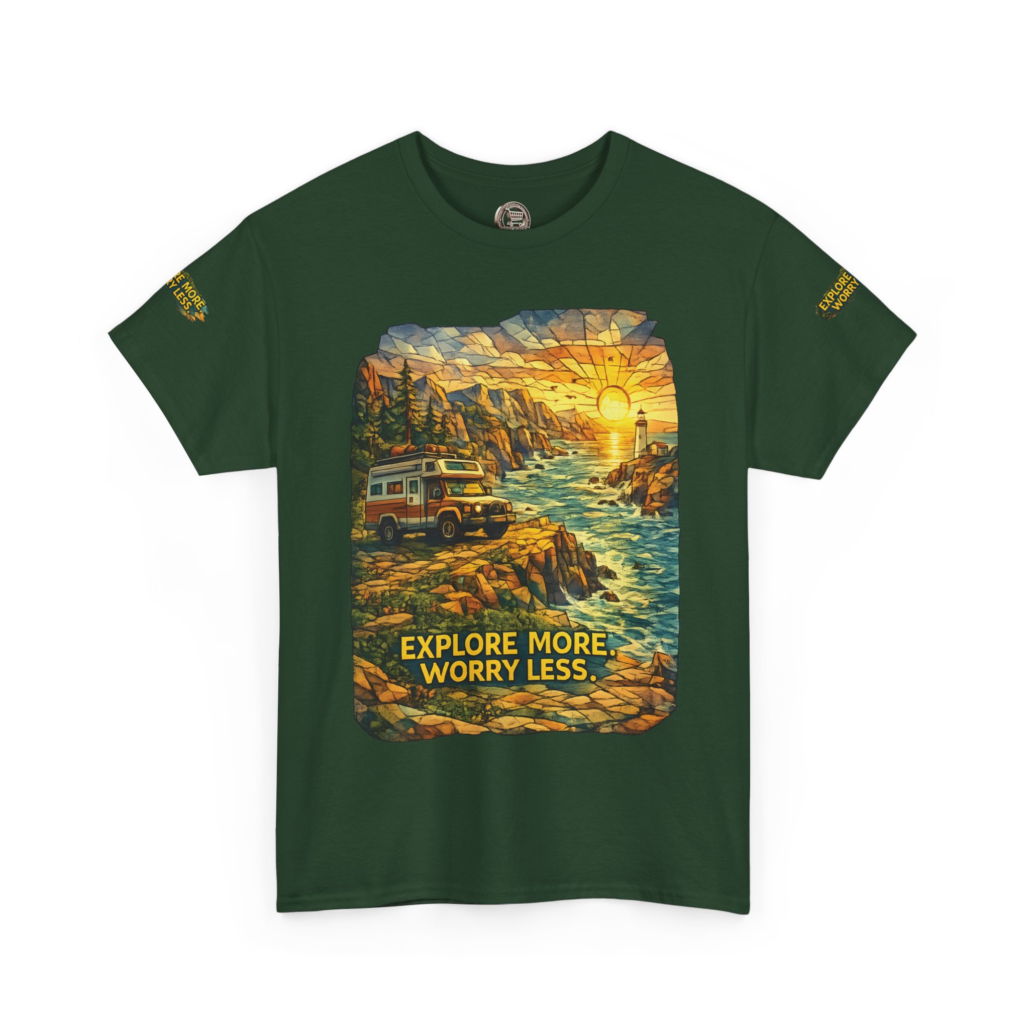 Unisex Heavy Cotton Tee — "Explore More Worry Less" Design Cubic-Line