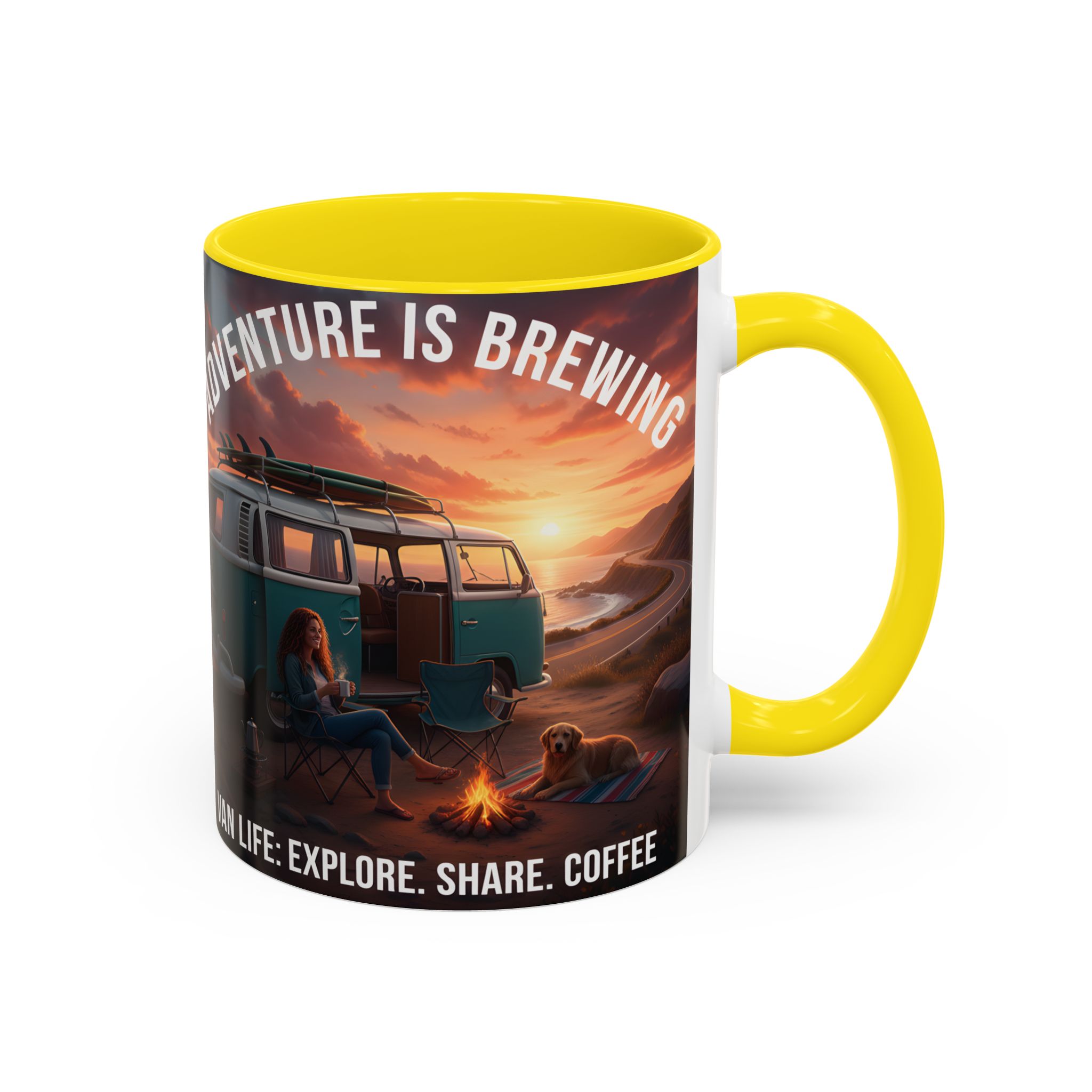 Accent Coffee Mug (11, 15oz) — "Adventure is brewing"