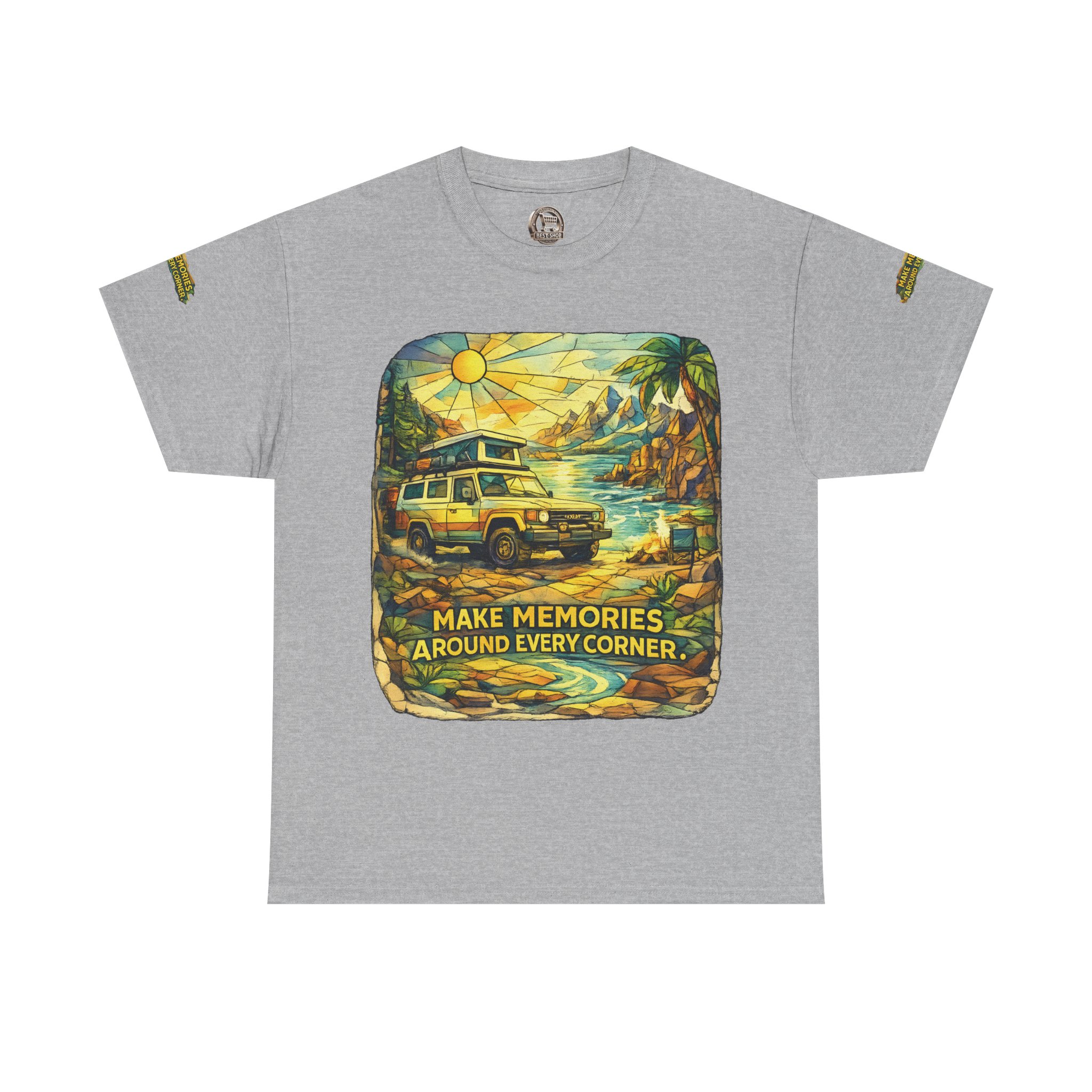 2341625311327741740_2048.jpeg Unisex Heavy Cotton Tee — "Make Memories Around Every Corner" Design Cubic-Line