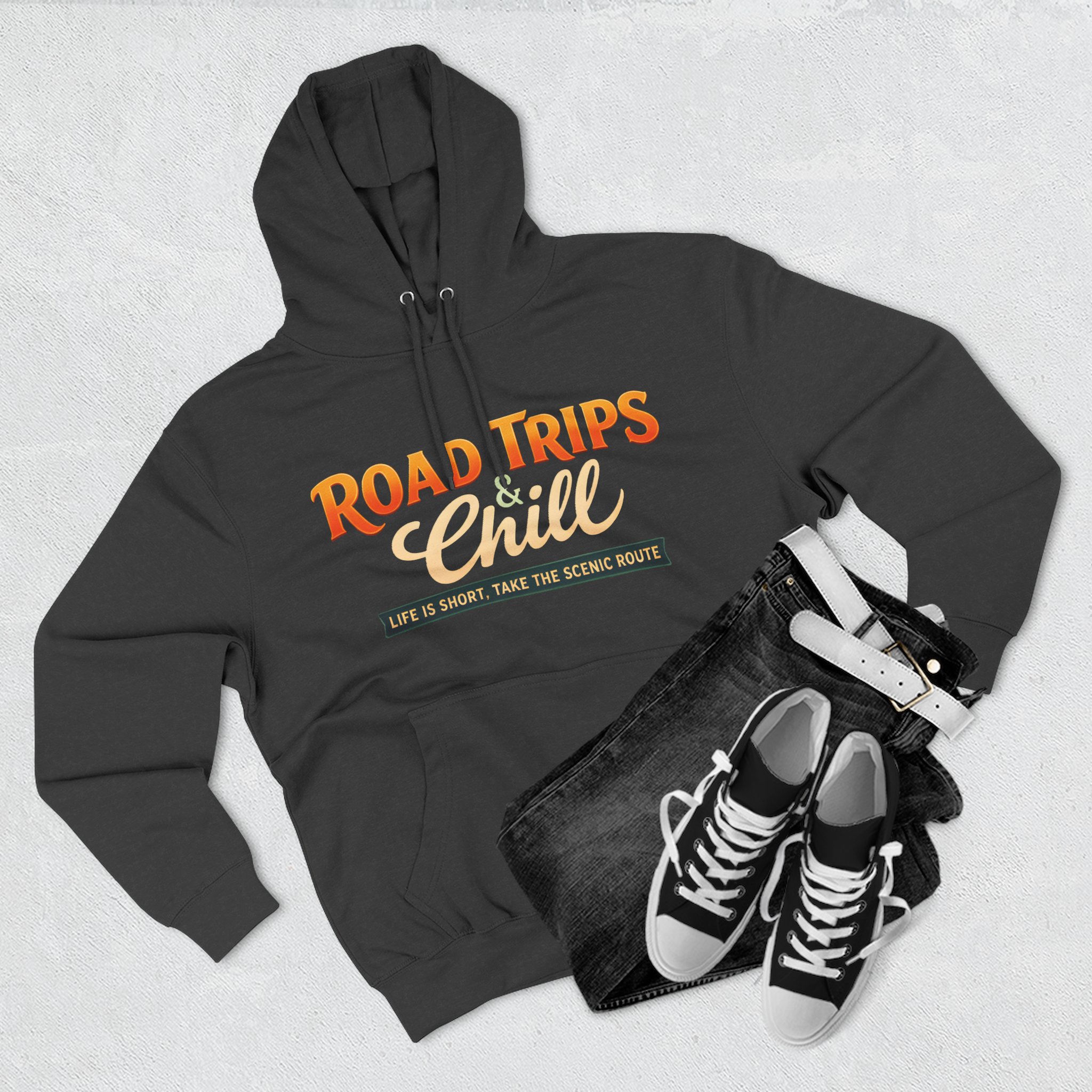 Three-Panel Fleece Hoodie - "Road Trips & Chill" Design Scenic-Line