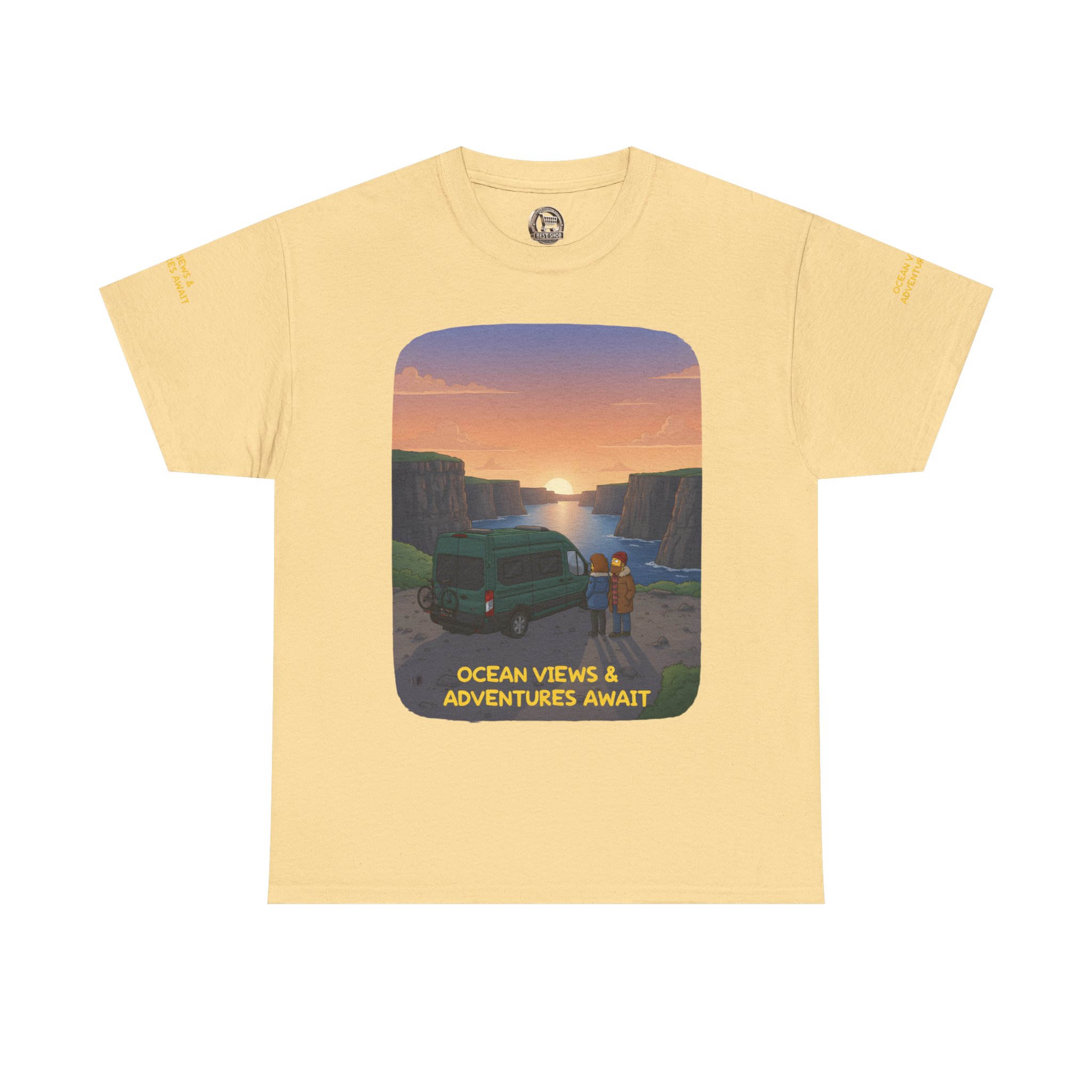 Unisex Heavy Cotton Tee — "Ocean Views-Adventures Awaits" Design Sitcom-Line