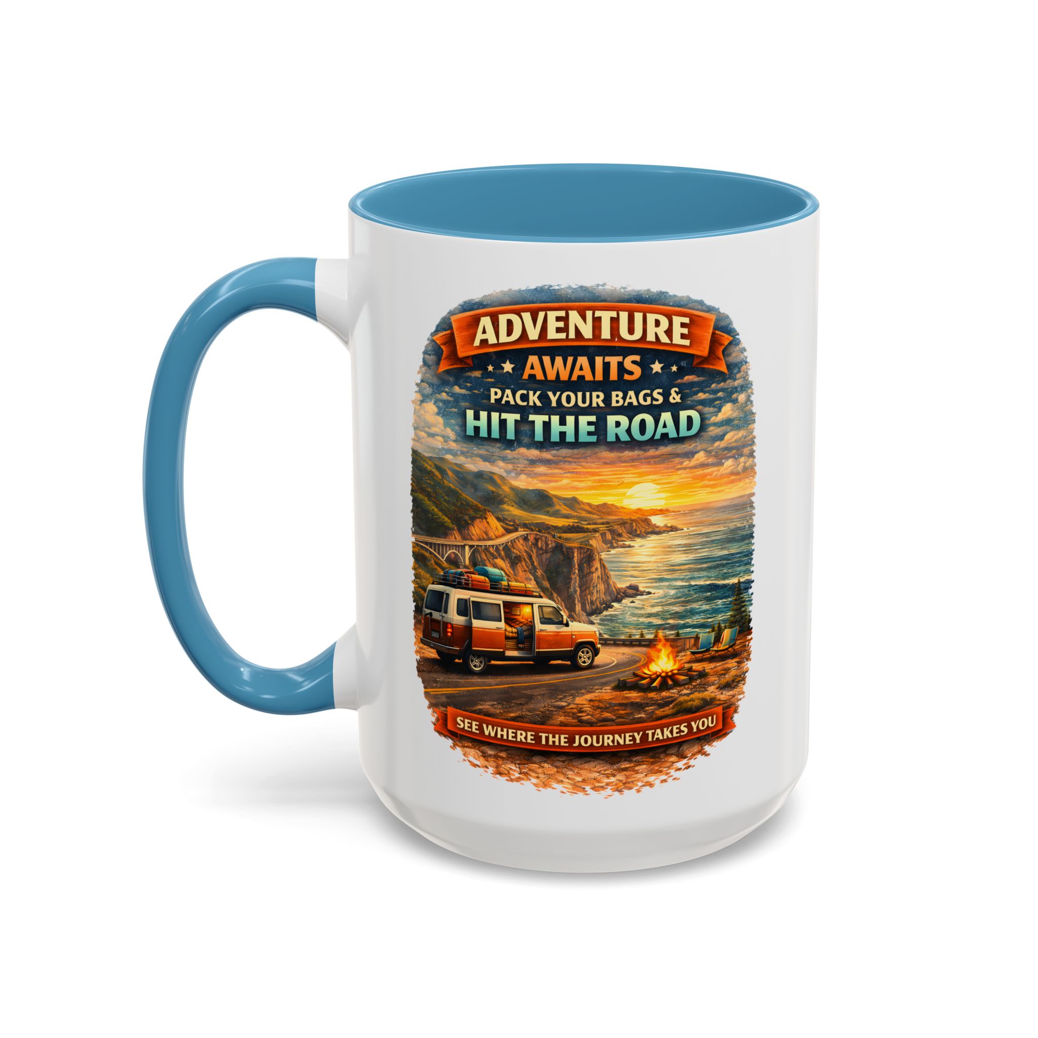 Accent Coffee Mug (11, 15oz) — "Adventure Awaits-Pack Your Bags" Design Scenic-Line