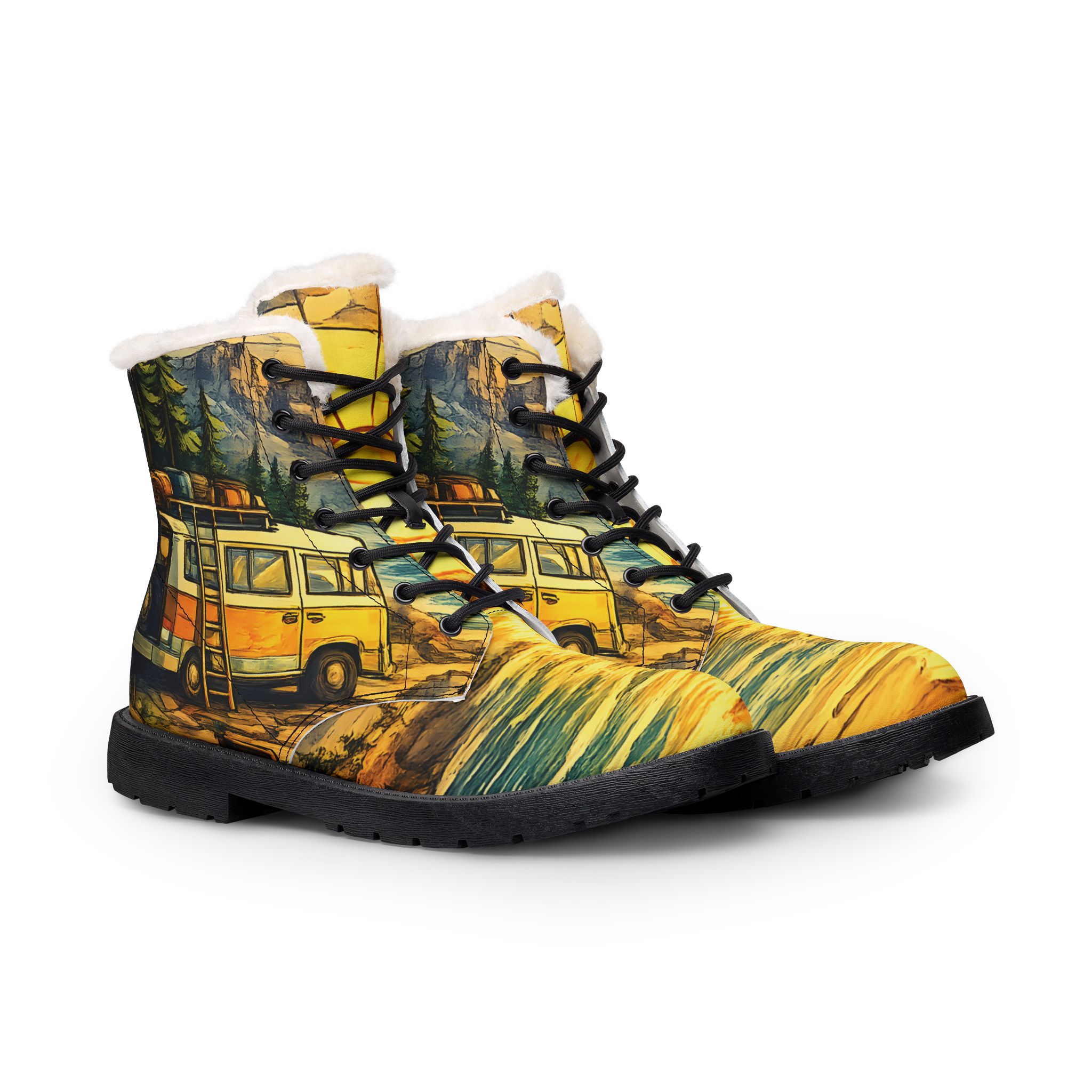 Women's Fur and Leather Boots — Women's Cozy Yellow RV Boots (Cubic-Line)